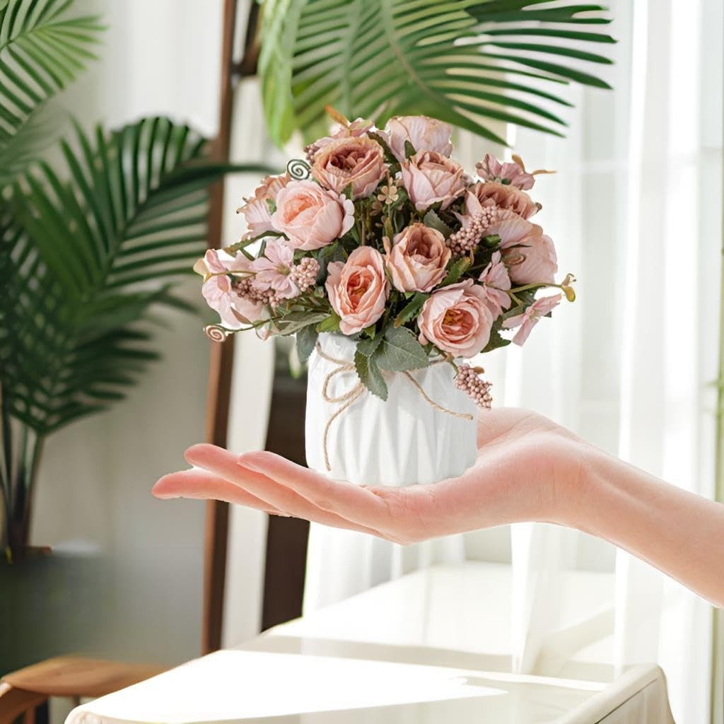 Faux Flowers with Vase,Artificial Silk Flowers in Ceramic Vase,Small Fake Flo…