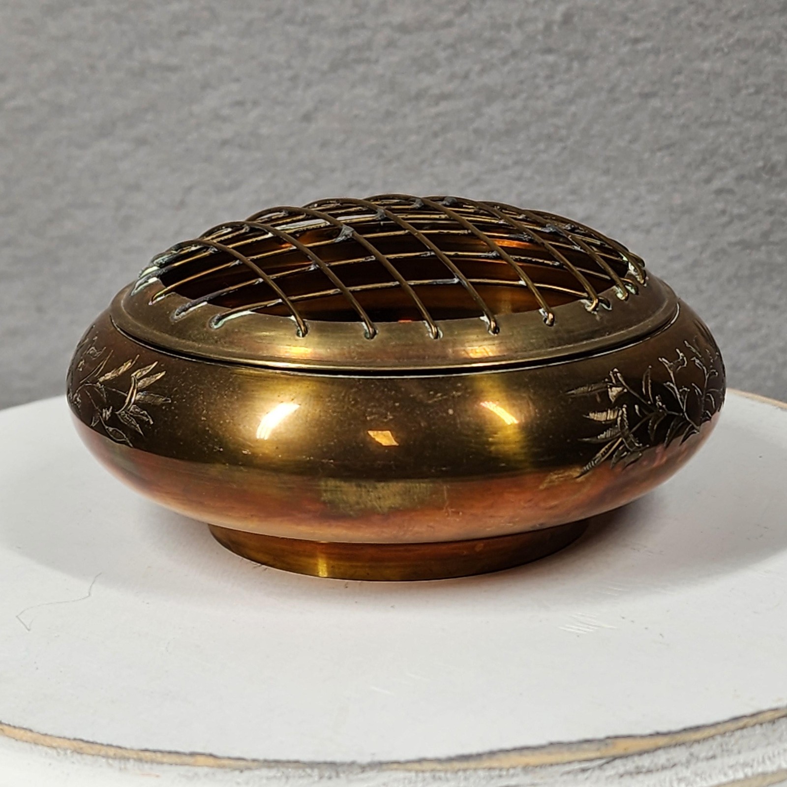 Vintage Brass Copper Flower Pot Frog Bowl 4in Gold Metal Engraved India 80s