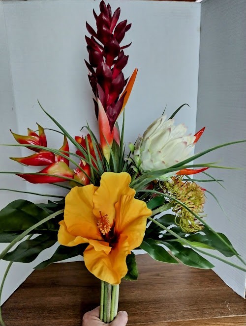 Artificial tropical floral vase arrangement