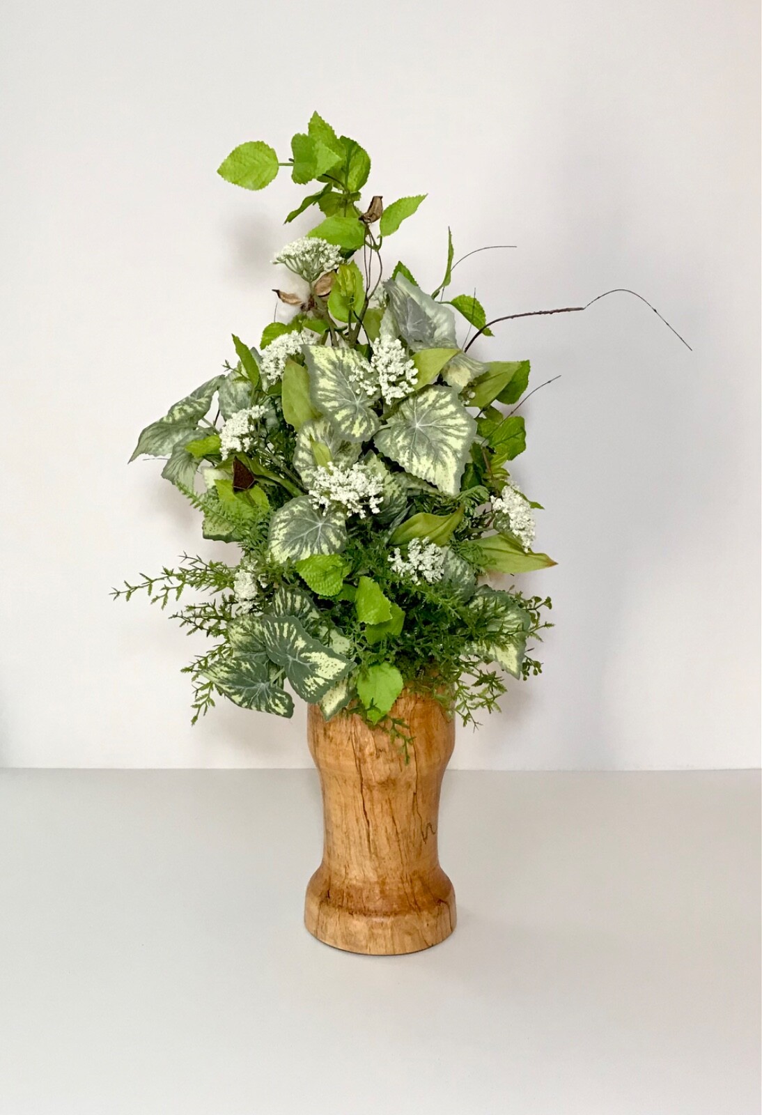 EVERYDAY YEAR ROUND FLORAL COTTON STEMS ARRANGEMENT WOOD COLUMN CENTERPIECE NEW