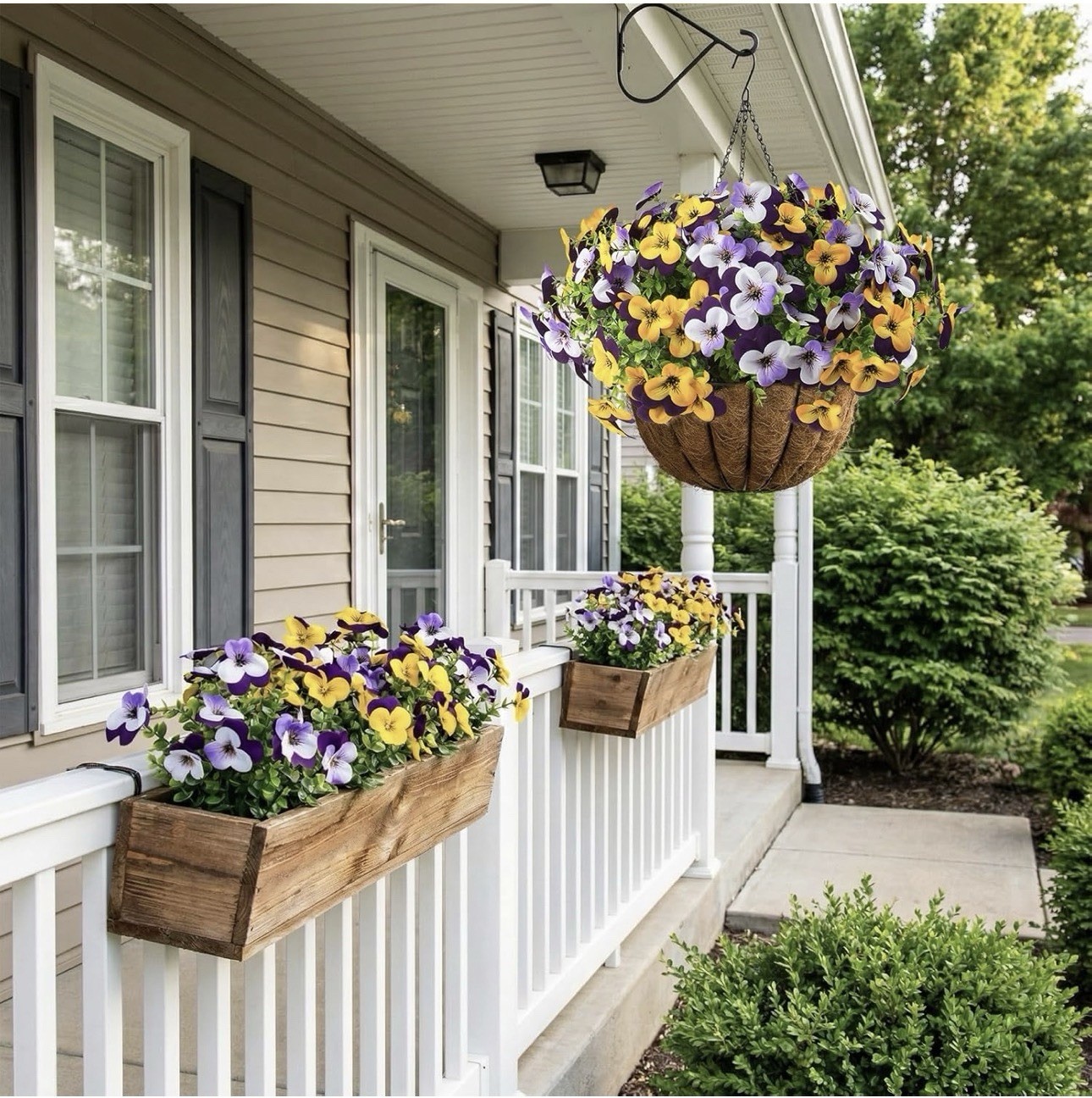 2 Set Artificial Outdoor Pansy Flowers with Hanging Baskets, 2 Hanging Baskets w