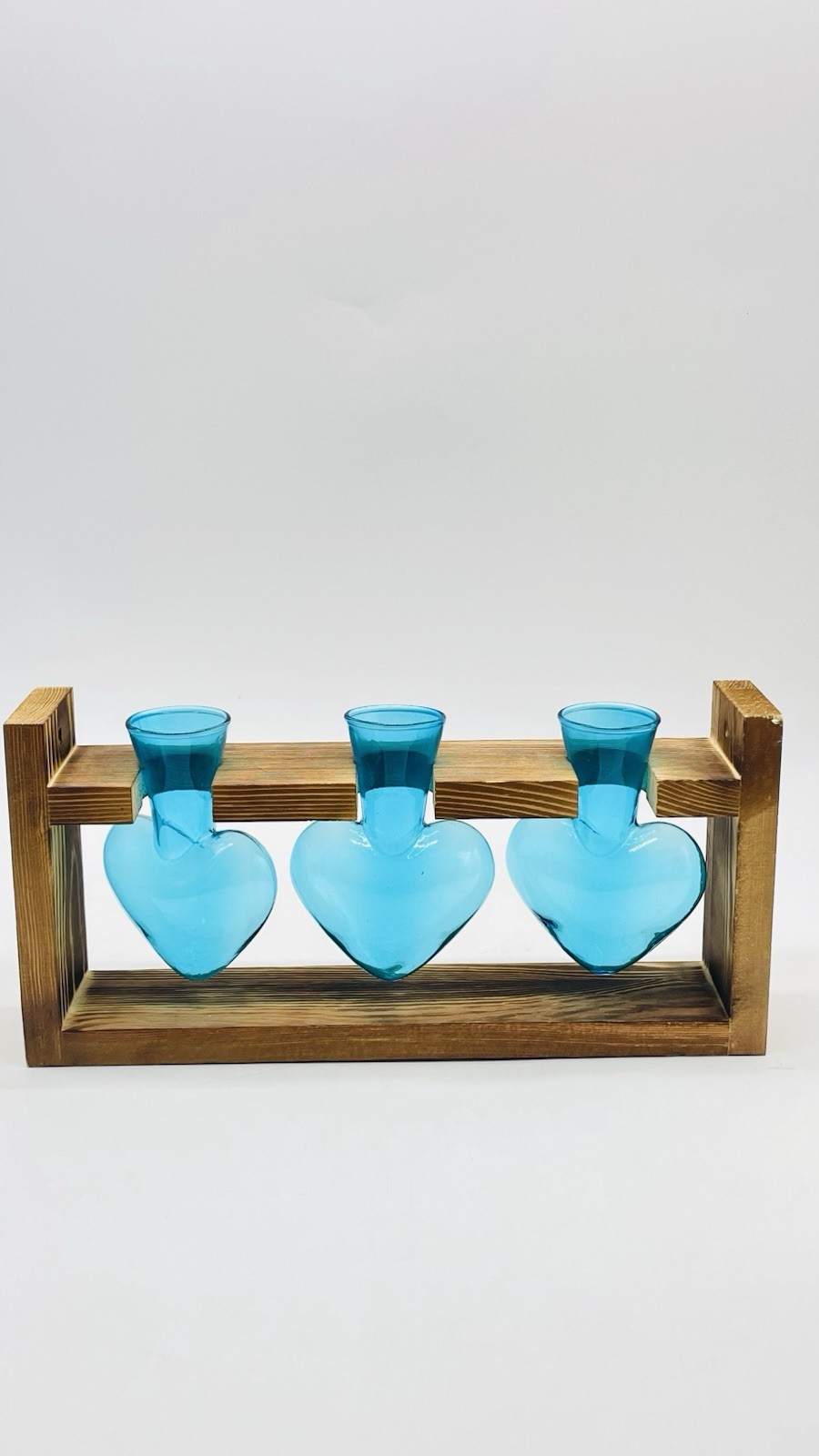 Plant Terrarium Propagation Wood Stand Tabletop Planter 3 Bulb Blue Glass Vase