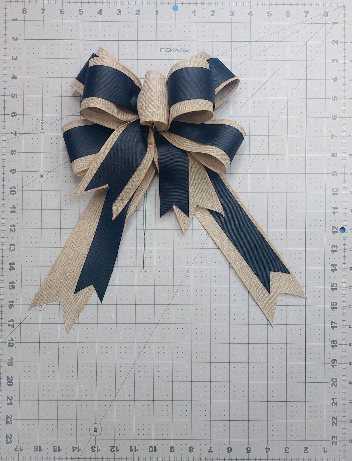 Wreath Bow, Black Grosgrain and Beige Linen