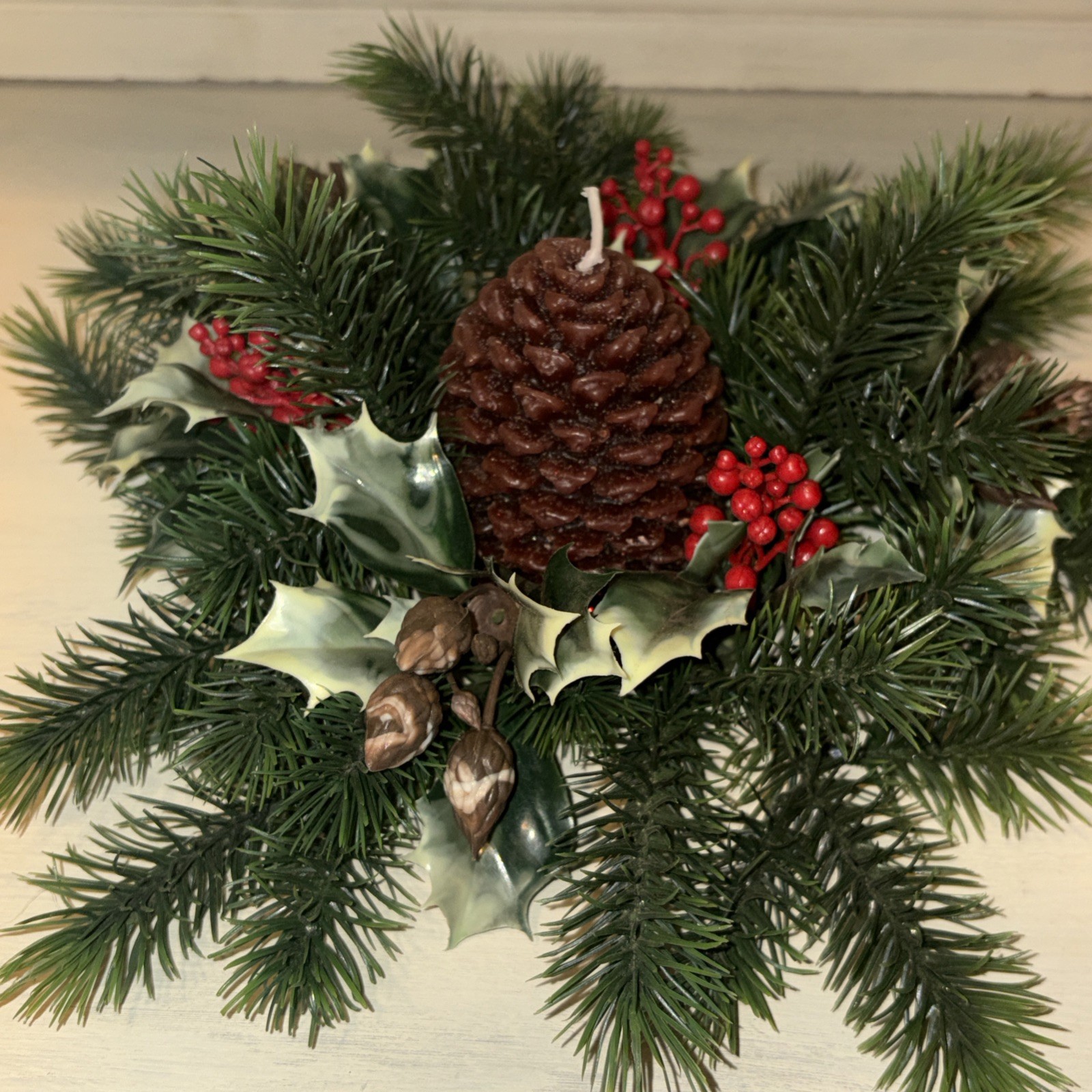 12 ” HOLLY &PINE CANDLE RING center 4.5 opening0 HOLIDAY DECOR