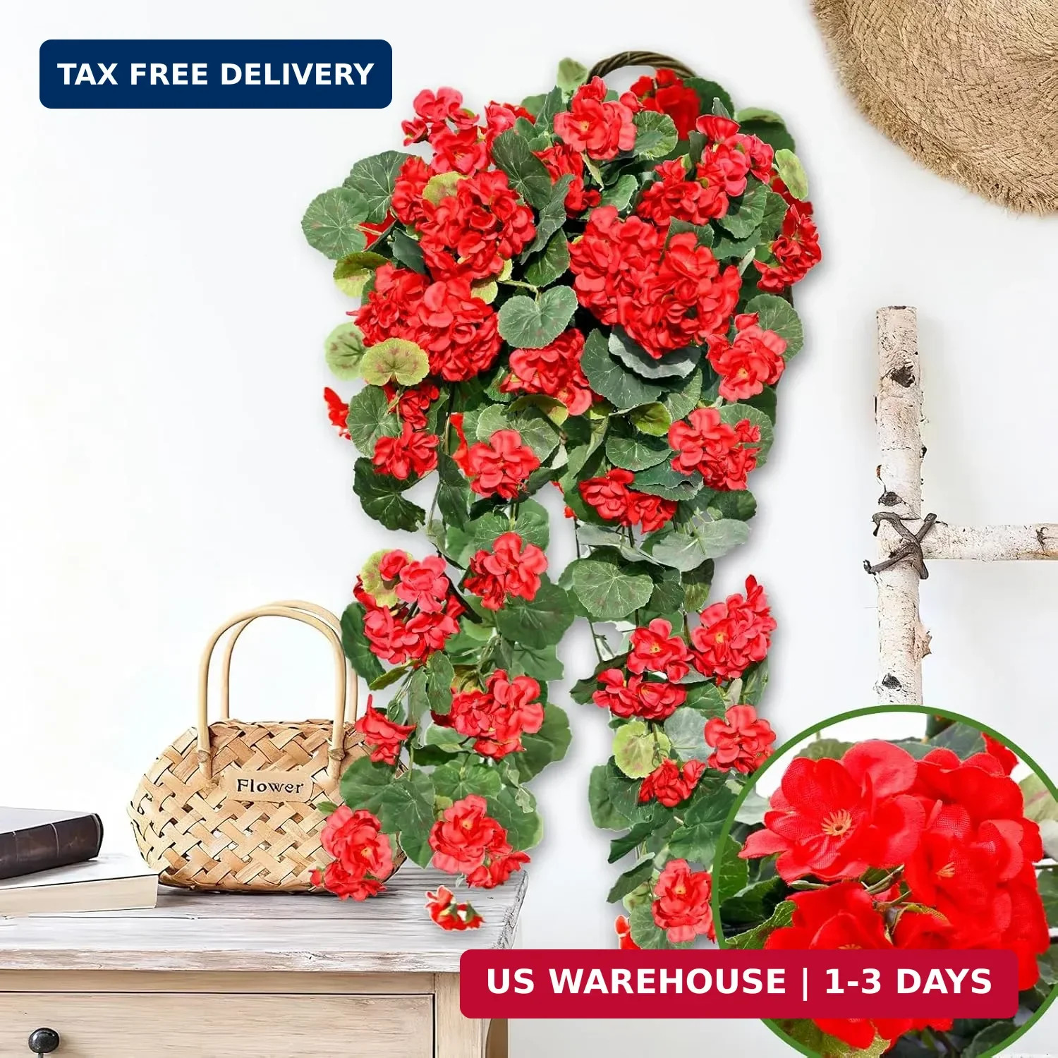 Artificial Fake Geraniums Flowers for Outdoors, 2Pcs UV Resistant Faux Hanging P