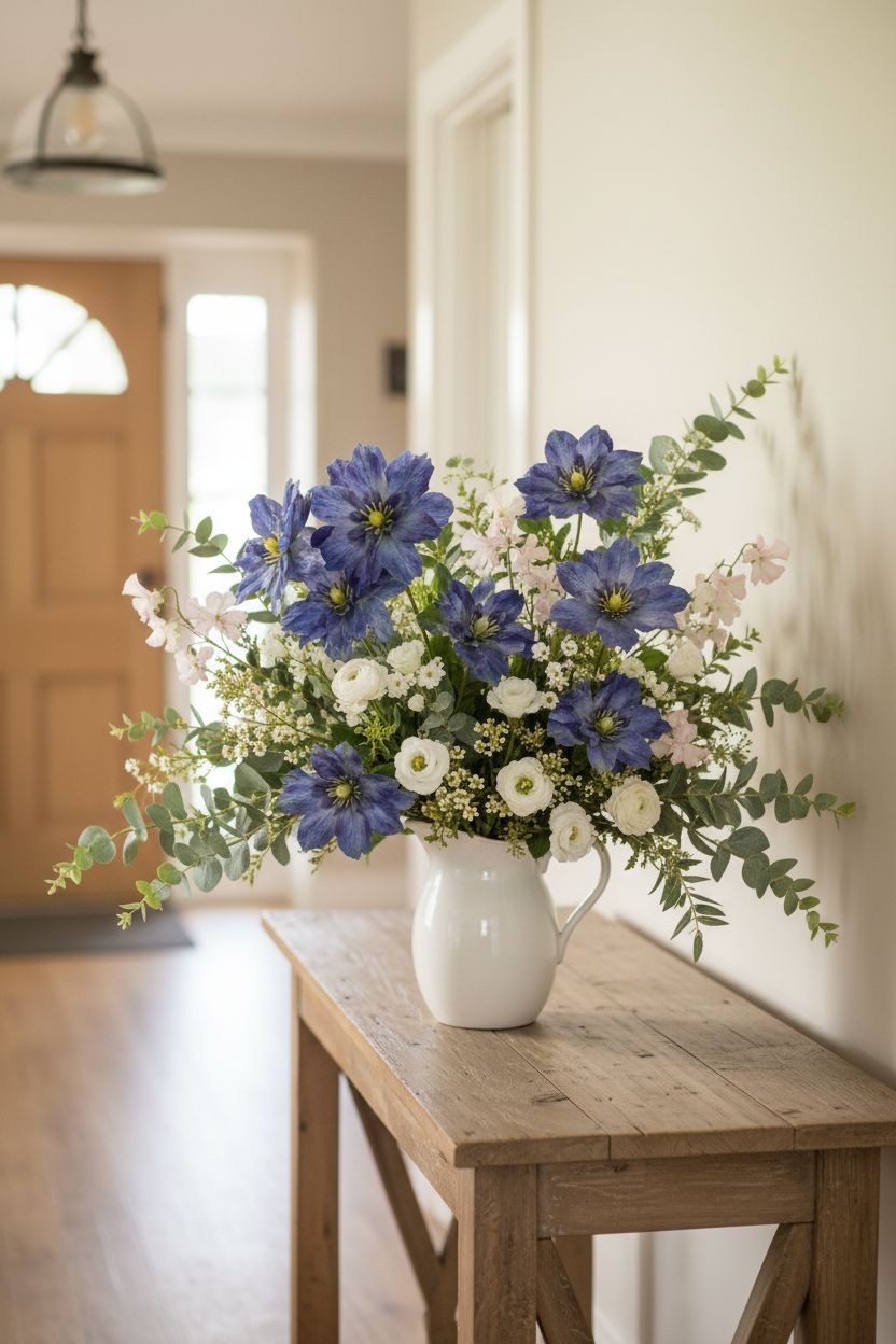 Blue Purple Real Touch Flower Stems Set of 2, 24 Inch Faux Flowers for Coastal C