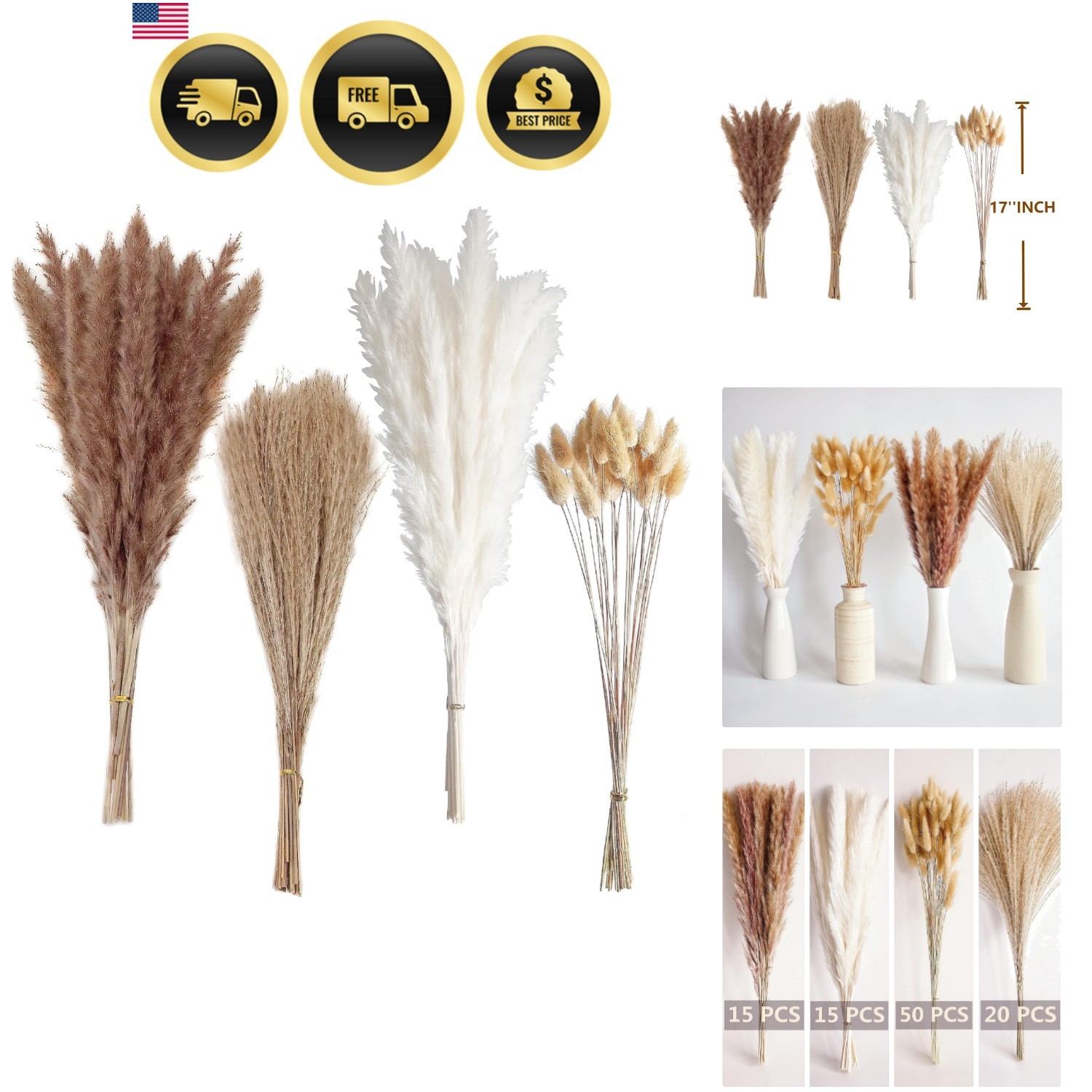 100 PCS Small Boho Pampas Grass, 17″ Naturally Dried Pompas, Pampas Grass Dec…