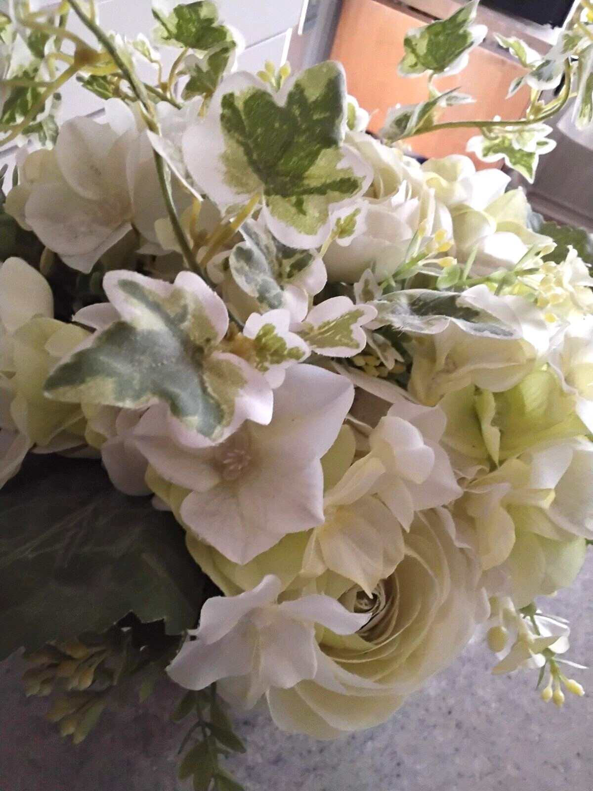 White on White Artificial Roses & Hydrangeas with Greens in Ceramic Cream Pot