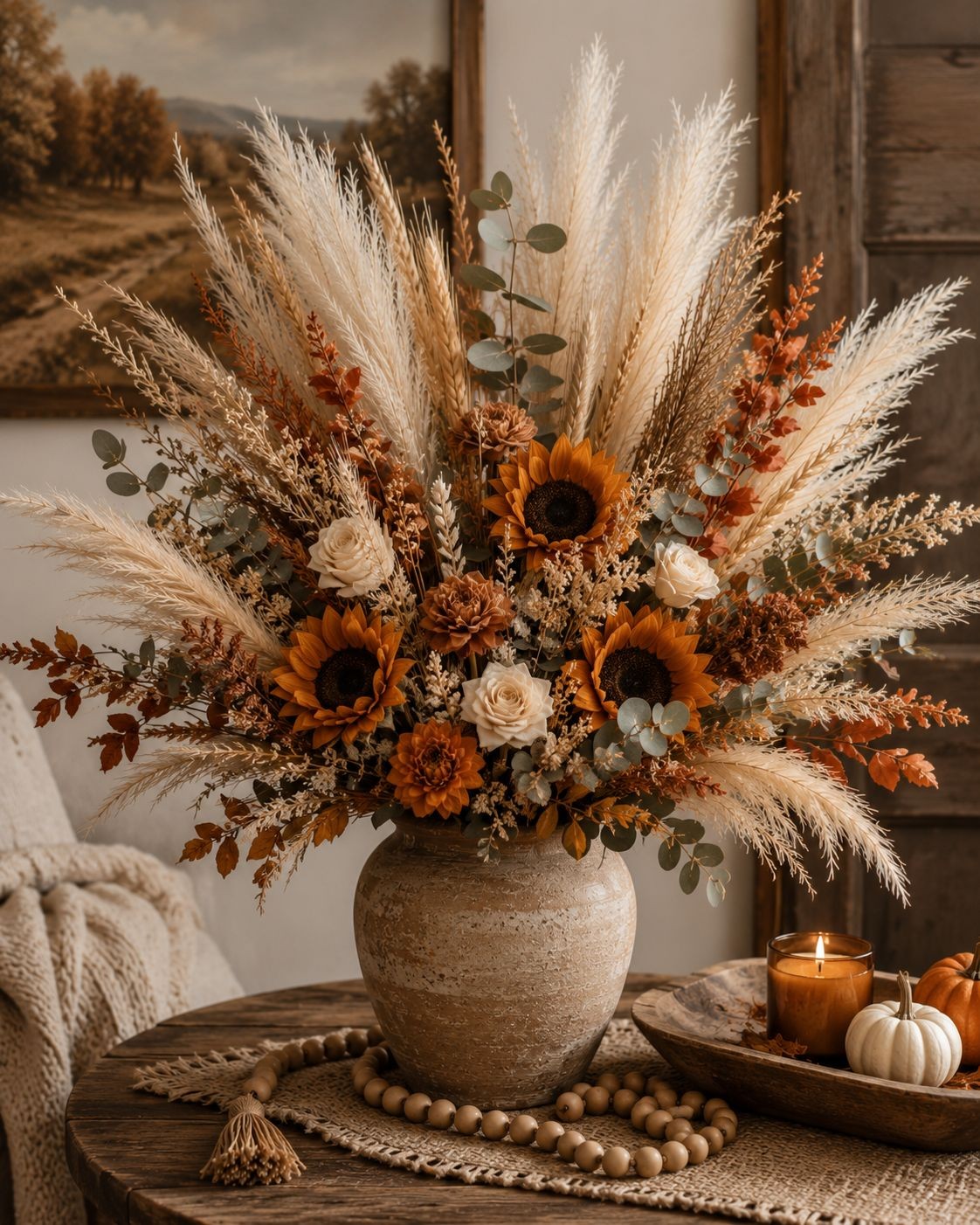 42 Piece Faux Pampas Grass Set Neutral Pampas Stems Beige Cream Taupe Brown Boho