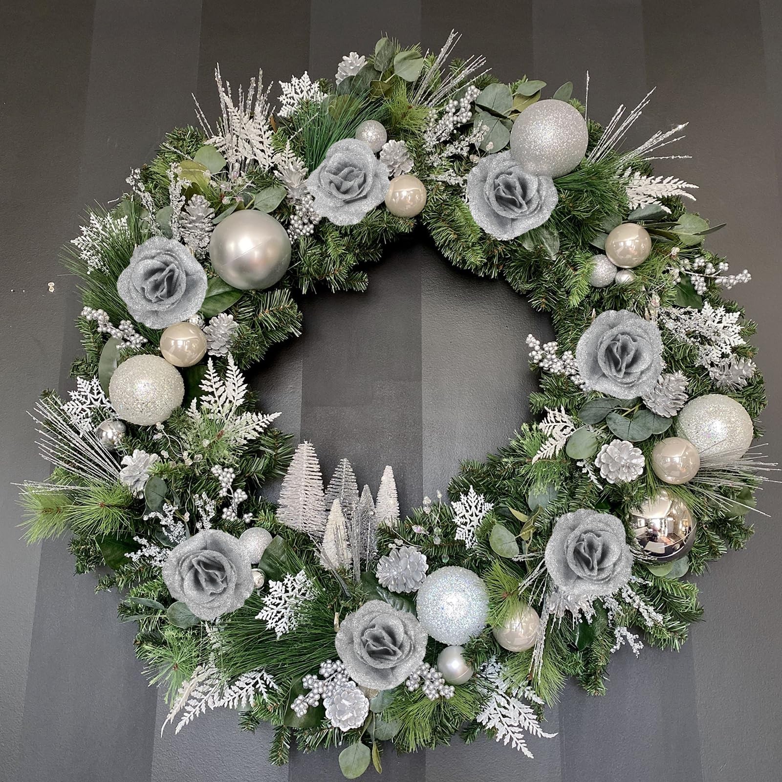 30 PCS Silver Artificial Roses Fake Glitter Silk Flowers for Wedding Decor
