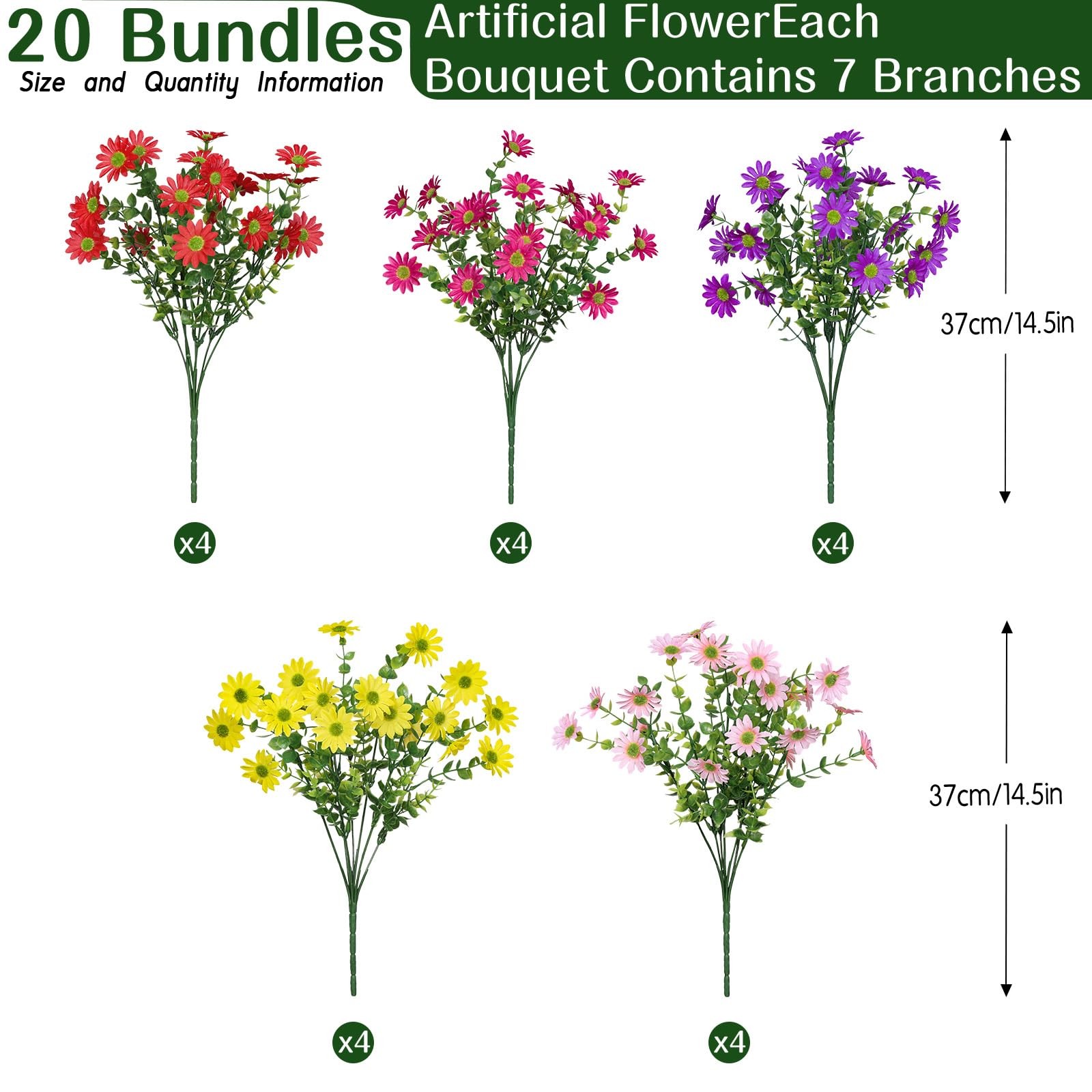 20Pcs Artificial Flowers for Outdoors UV Resistant，No Fade Faux Daisy Flowers…