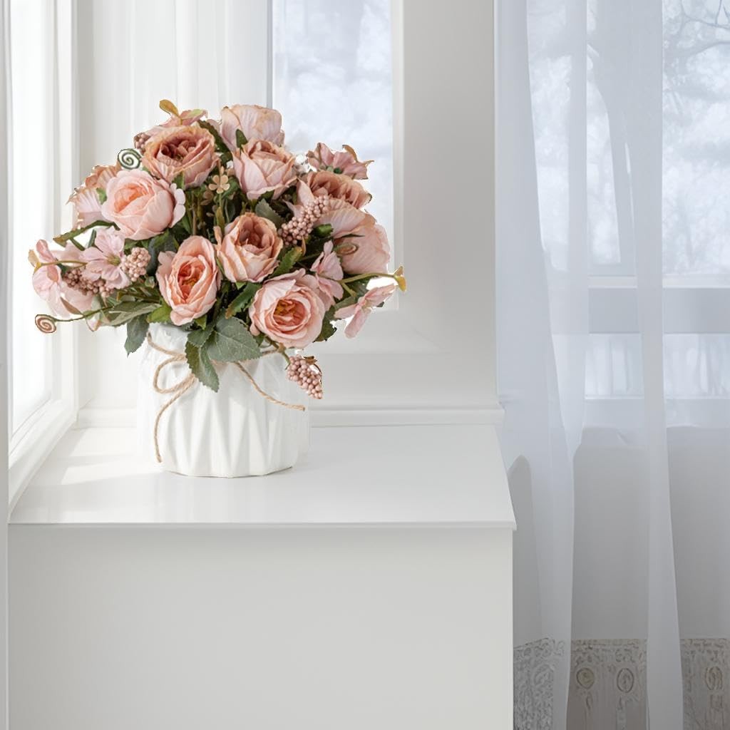 Faux Flowers with Vase,Artificial Silk Flowers in Ceramic Vase,Small Fake Flo…