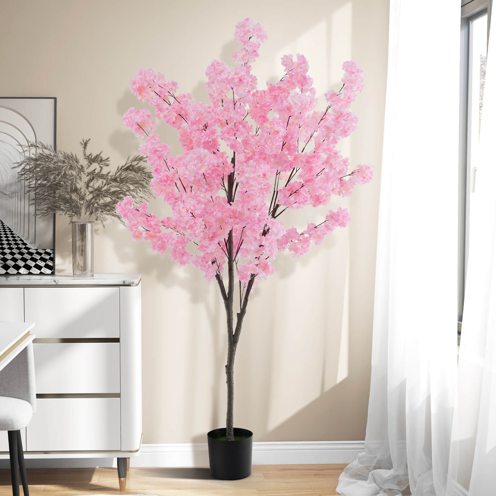 6.5 FT Tall Artificial Cherry Blossom Tree w/ 900 Pink Flowers Cement-filled
