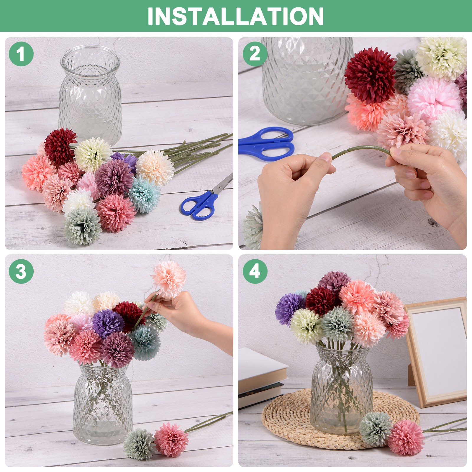 12-Pack Artificial Chrysanthemum Ball Flowers White,Champagne,Yellow,Orange