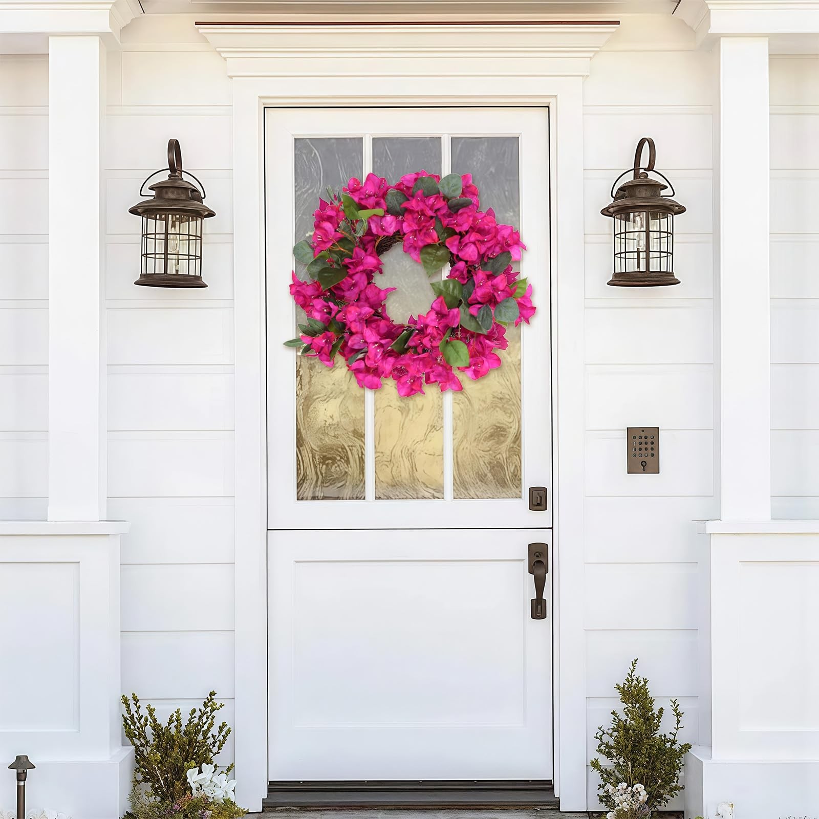 Artificial Bougainvillea Wreath Faux Silk Flowers Front Door Decor Hot Pink