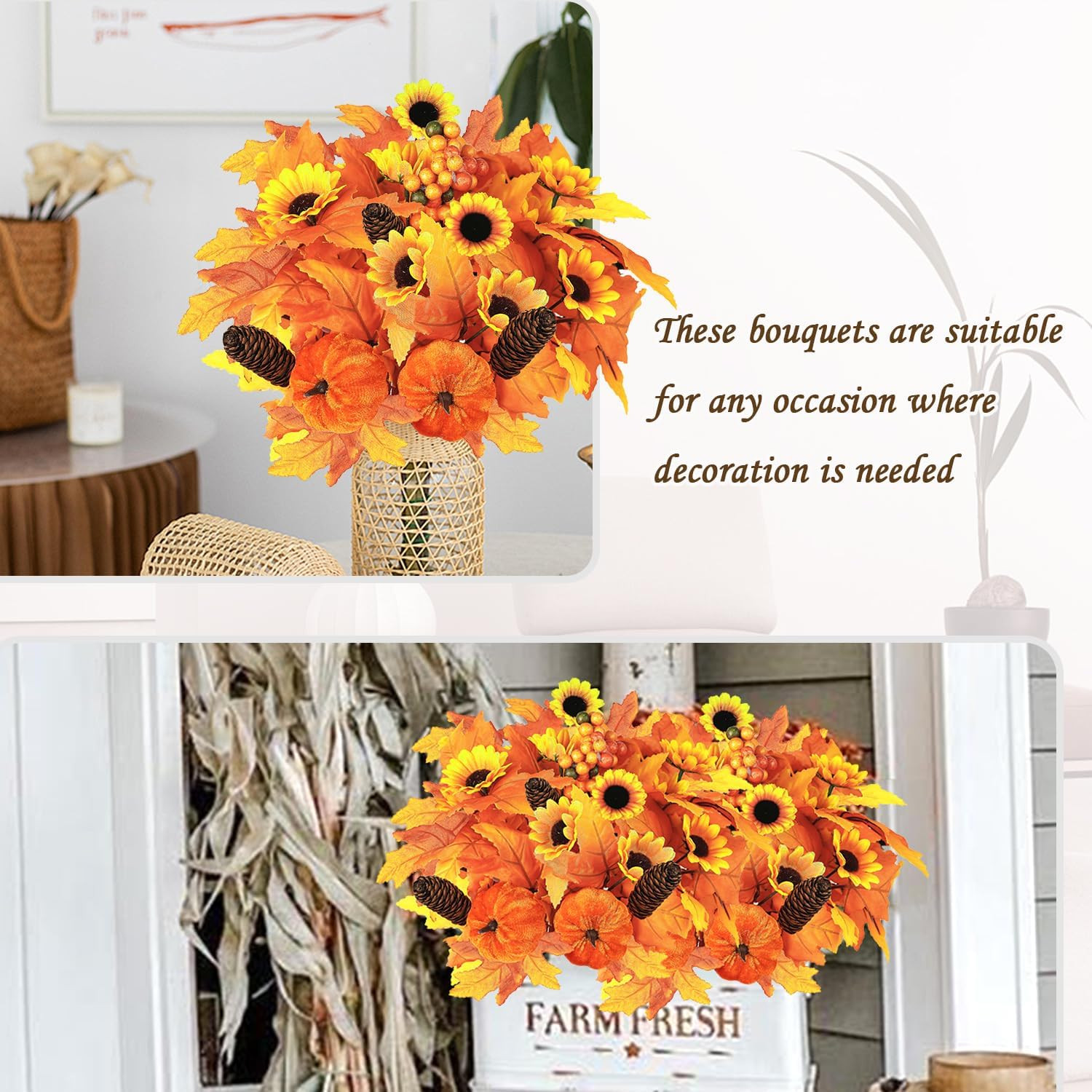 2PCS Fall Artificial Flowers Decoration Maple Leaf Stem Pumpkin Branch Sunflower
