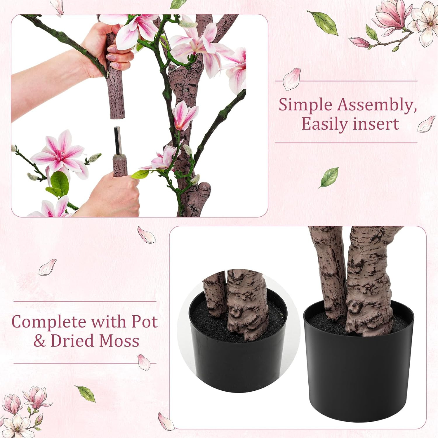 6Ft Pink Artificial Magnolia Tree – Realistic Faux Flower Plant for Home & Garde