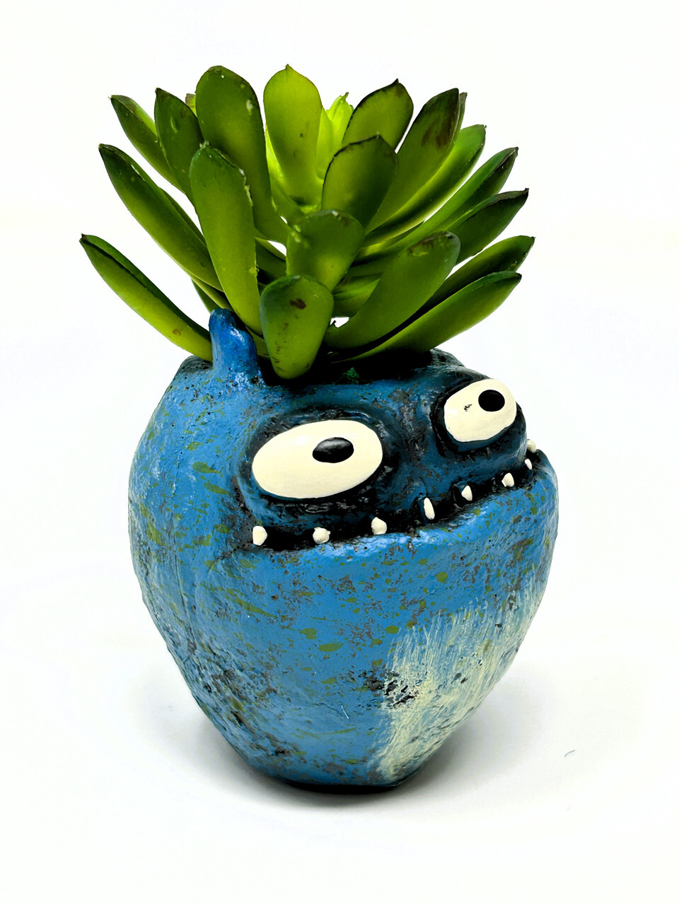 3.5″ Blue MURPHY Monster Blob House Mini pot WITH faux PLANT as shown
