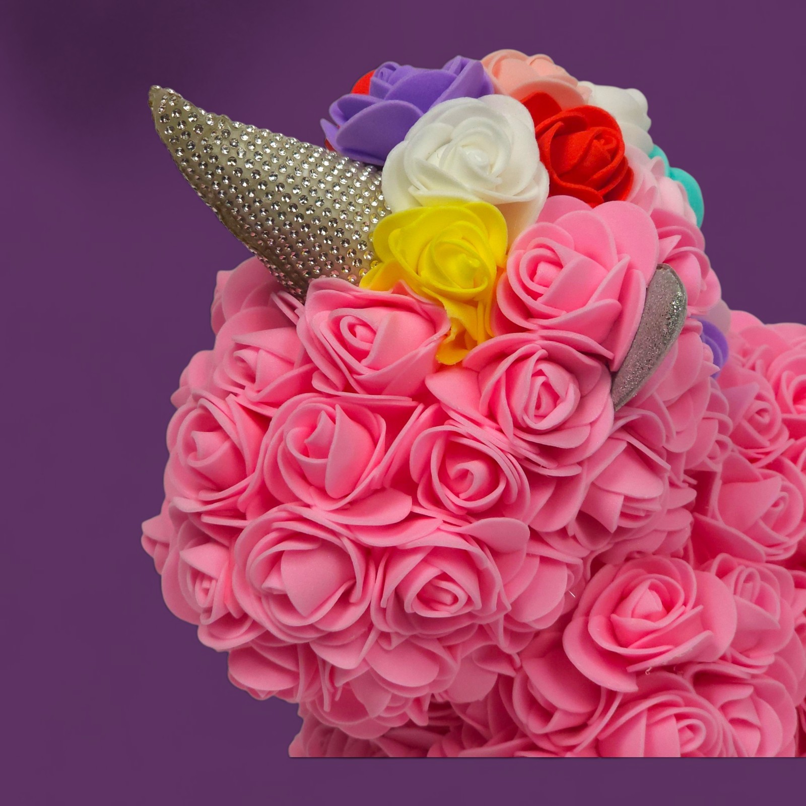 Rose Unicorn Gift – Pink Foam Flowers, Rainbow Mane, “Just For You” Box Damaged