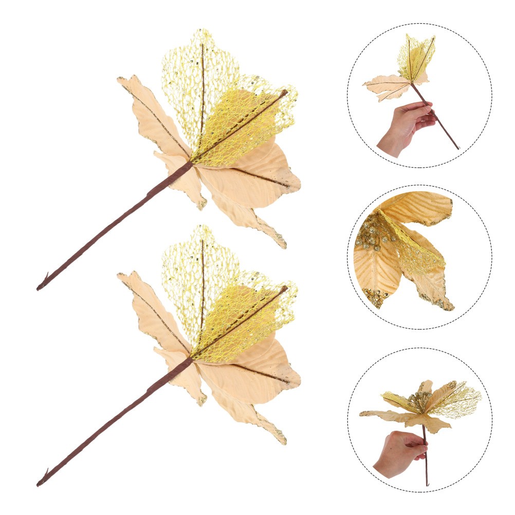 6 Pcs Artificial Flower Cuttings Christmas Glitter Leaf Stems Picks
