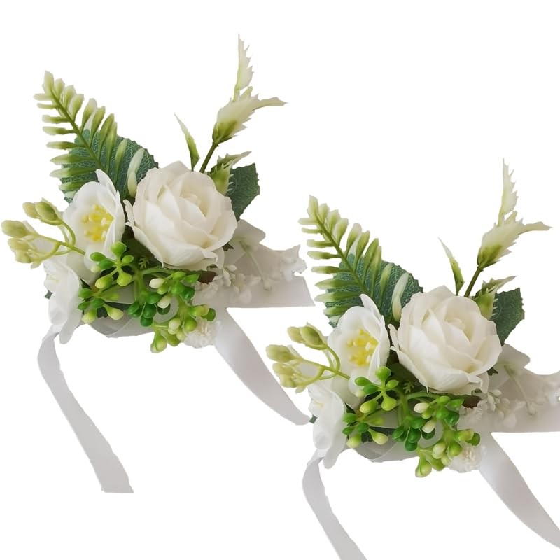 2 PCS White Green Rose Artificial Wedding Wrist Corsage Boutonniere Bridesmaid