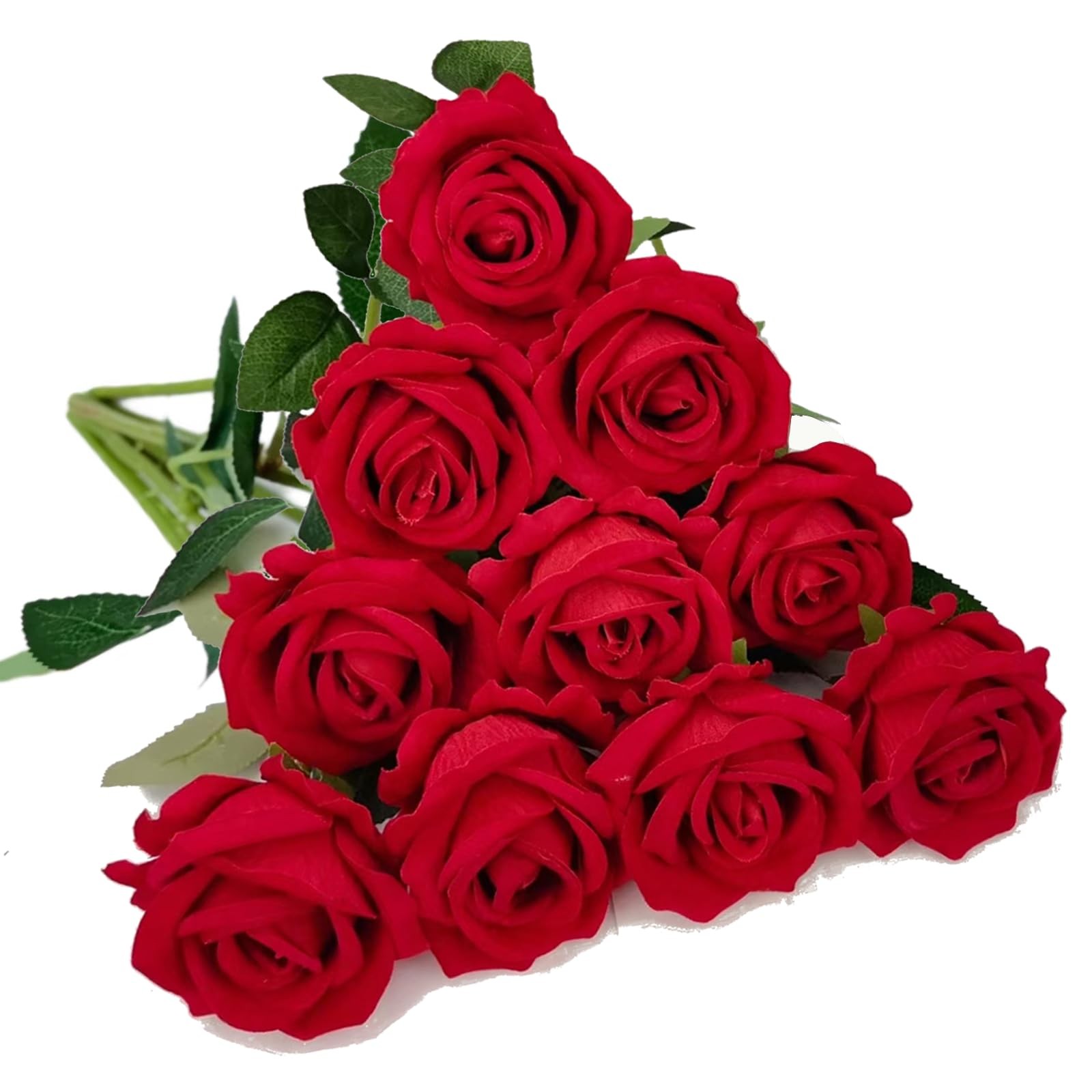 10 PCS Velvet Fake Red Roses Artificial Red Flowers Bulk, Silk Faux Roses wit…