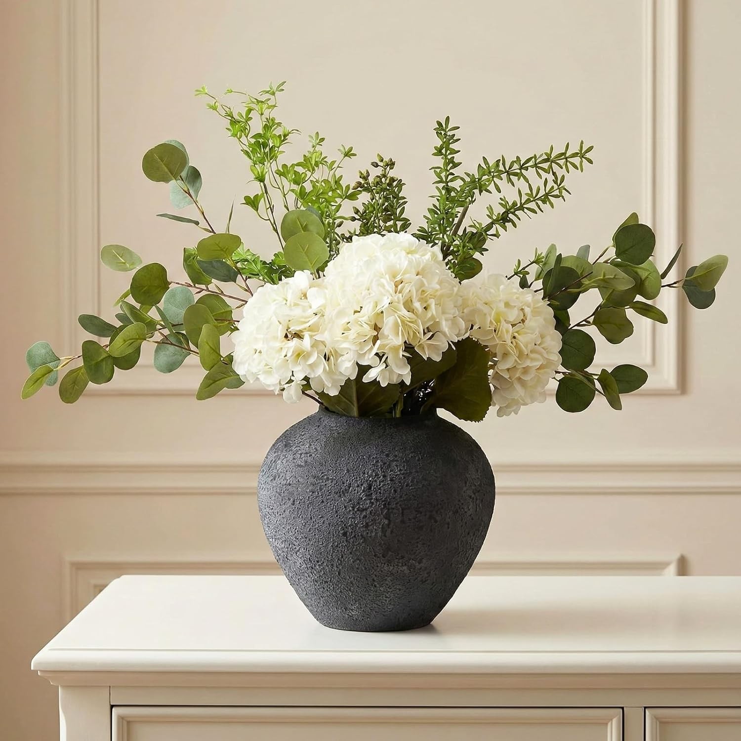Faux Arrangement – Eucalyptus & White Hydrangea Flowers, Large Artificial Floral