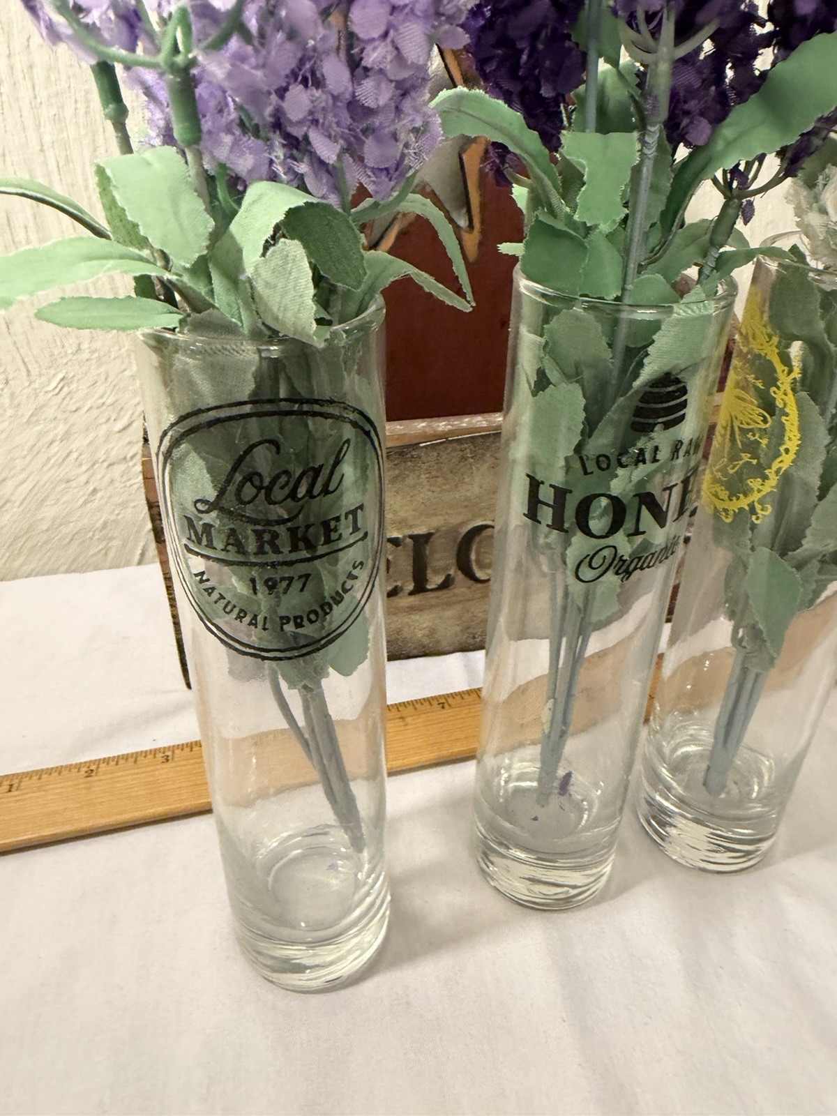 Welcome Spring Artificial Lavender Flowers Wooden Box Glass Set 3