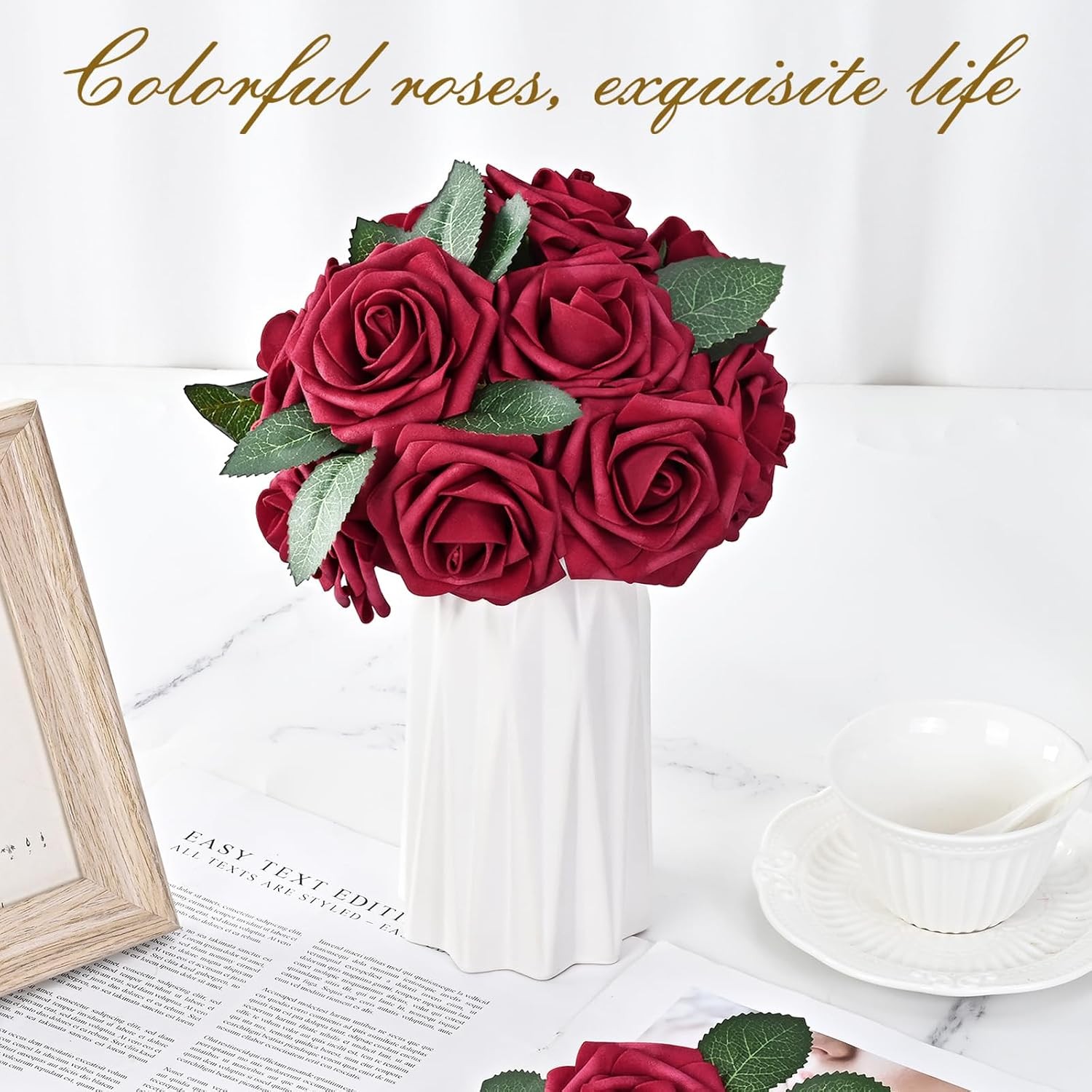 16Pcs Artificial Flowers Fake Roses with Stems, Burgundy Boxed Foam Roses for