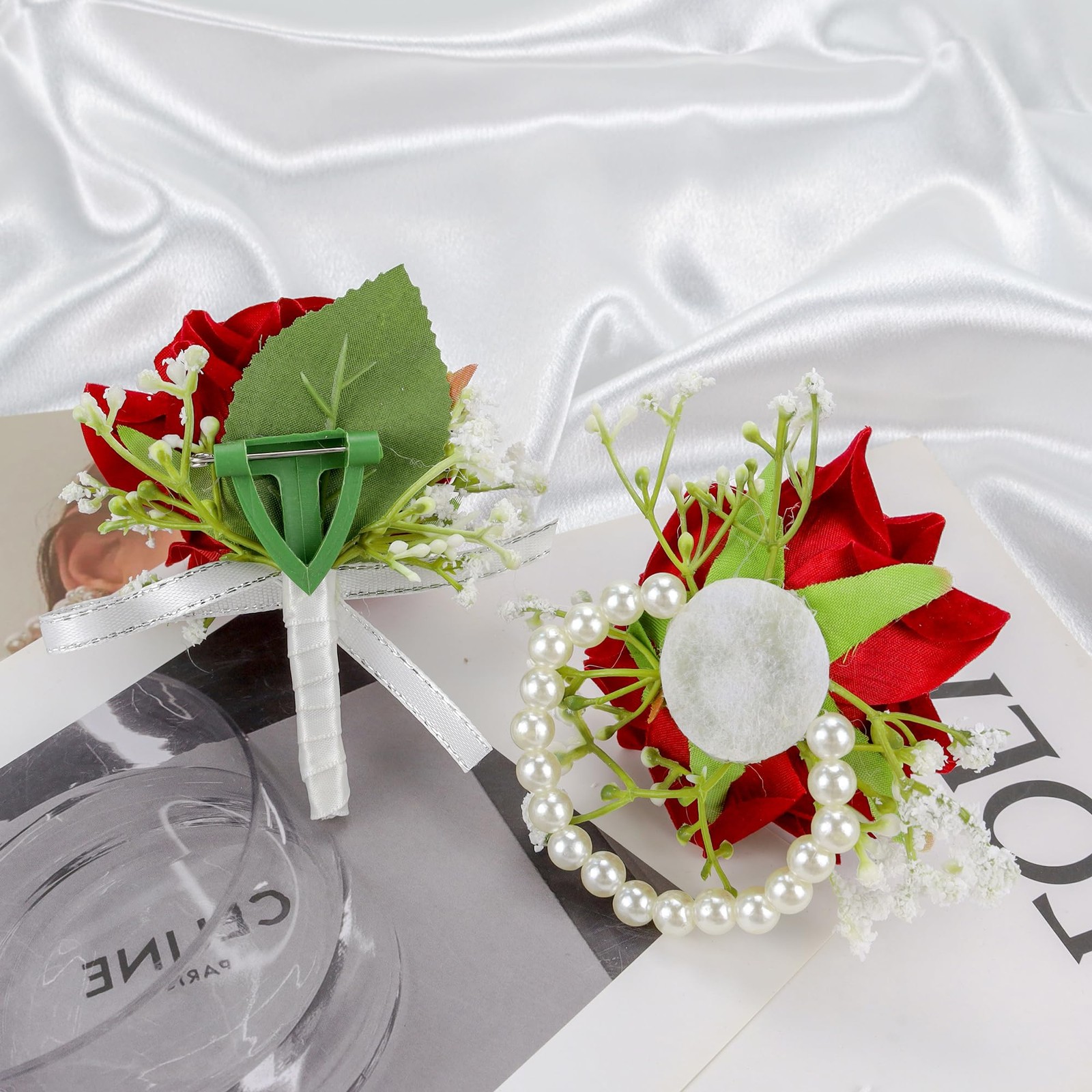 2Pcs Red Rose Corsage and Boutonniere Set Corsage Wristlet Band Bracelet for …