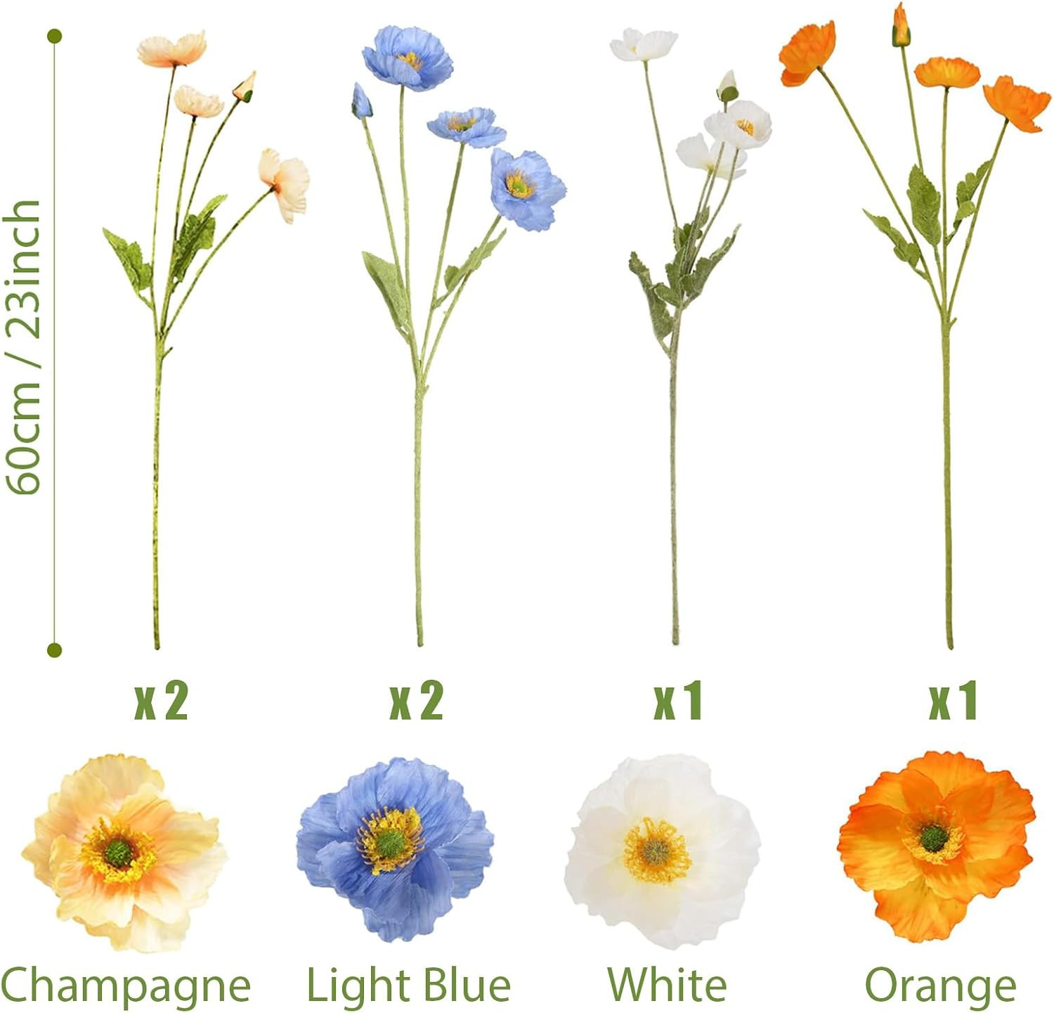 Artificial Flowers 6Pcs Artificial Poppy Silk Flowers with Stems | Faux Poppy Fl