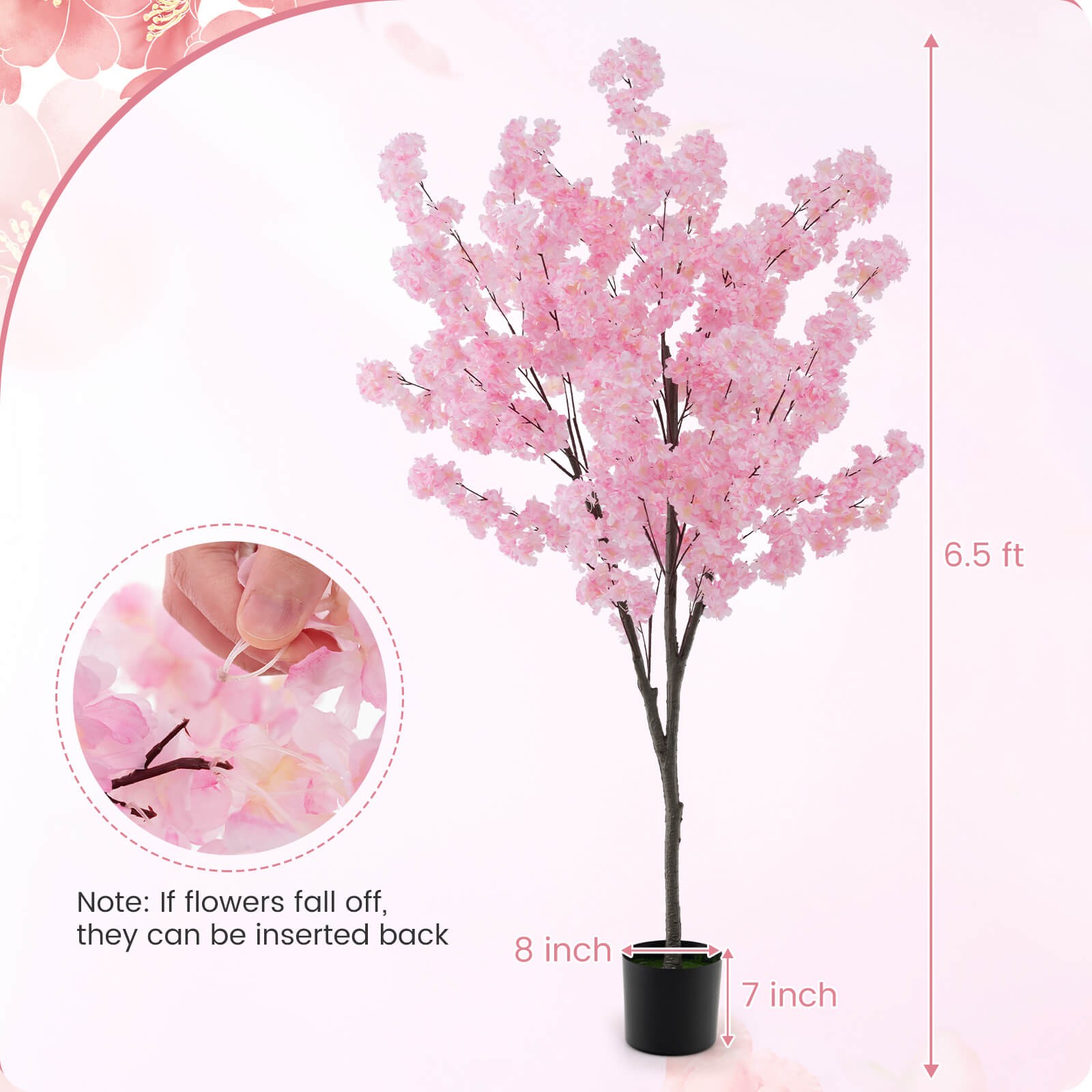 6.5 FT Tall Artificial Cherry Blossom Tree w/ 900 Pink Flowers Cement-filled