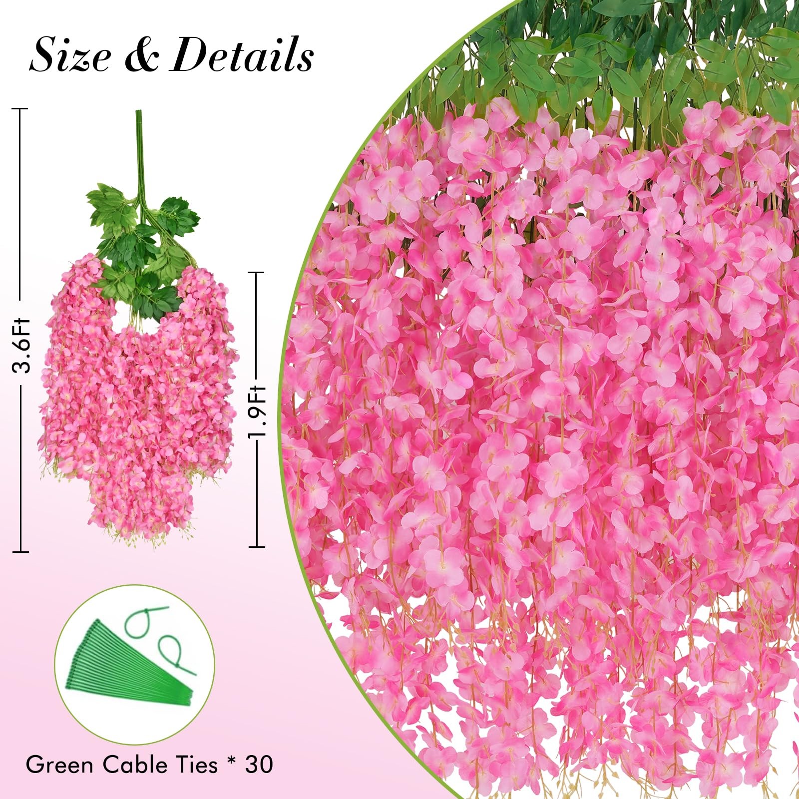40 PCS 3.6 Ft Pink Artificial Wisteria Hanging Flowers Fake Vines Party Decor