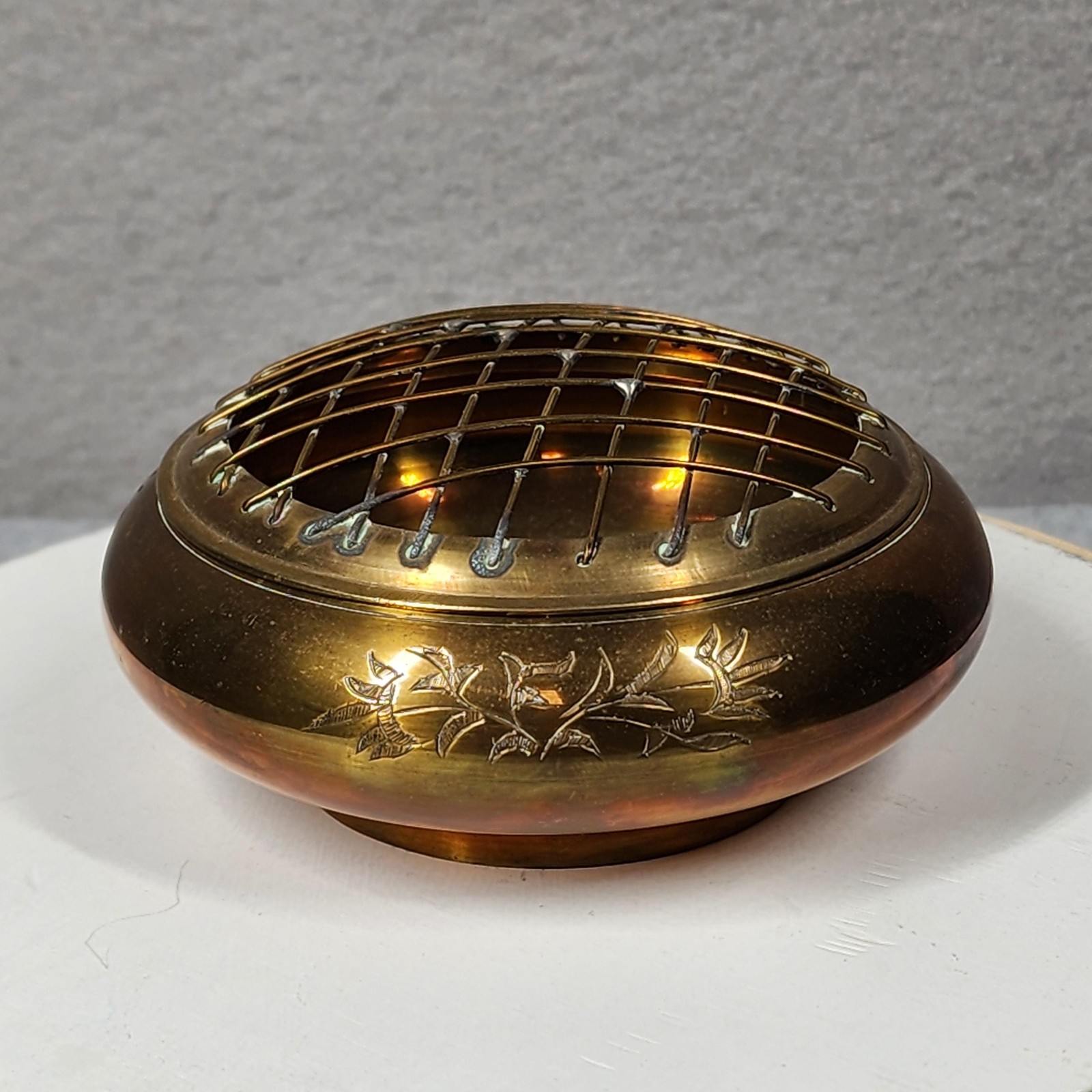 Vintage Brass Copper Flower Pot Frog Bowl 4in Gold Metal Engraved India 80s