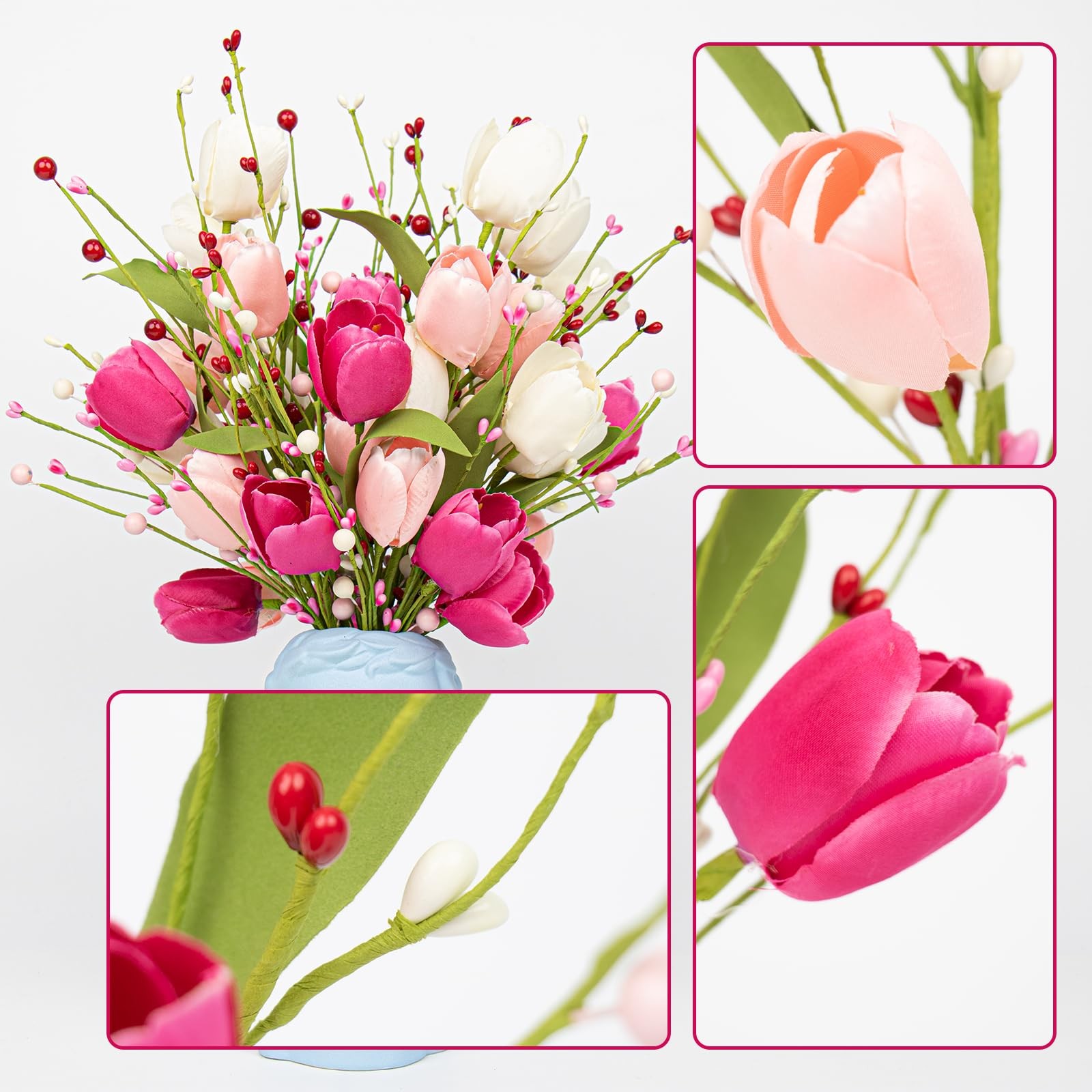 6 Pack 17 Inch Valentines Day Flower Picks Tulip Berry Party Centerpiece Decor