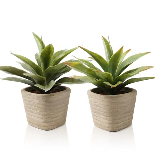 2 Pack Small Fake Agave Plants in Pulp Pot for Home Decor | Artificial 1 Green