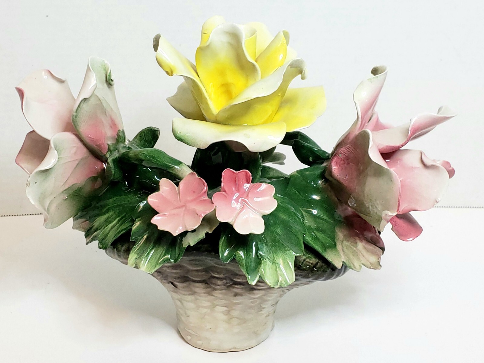 Vintage Capodimonte Italy Floral Basket Porcelain Pink Yellow Roses 10.5x7x7.5″