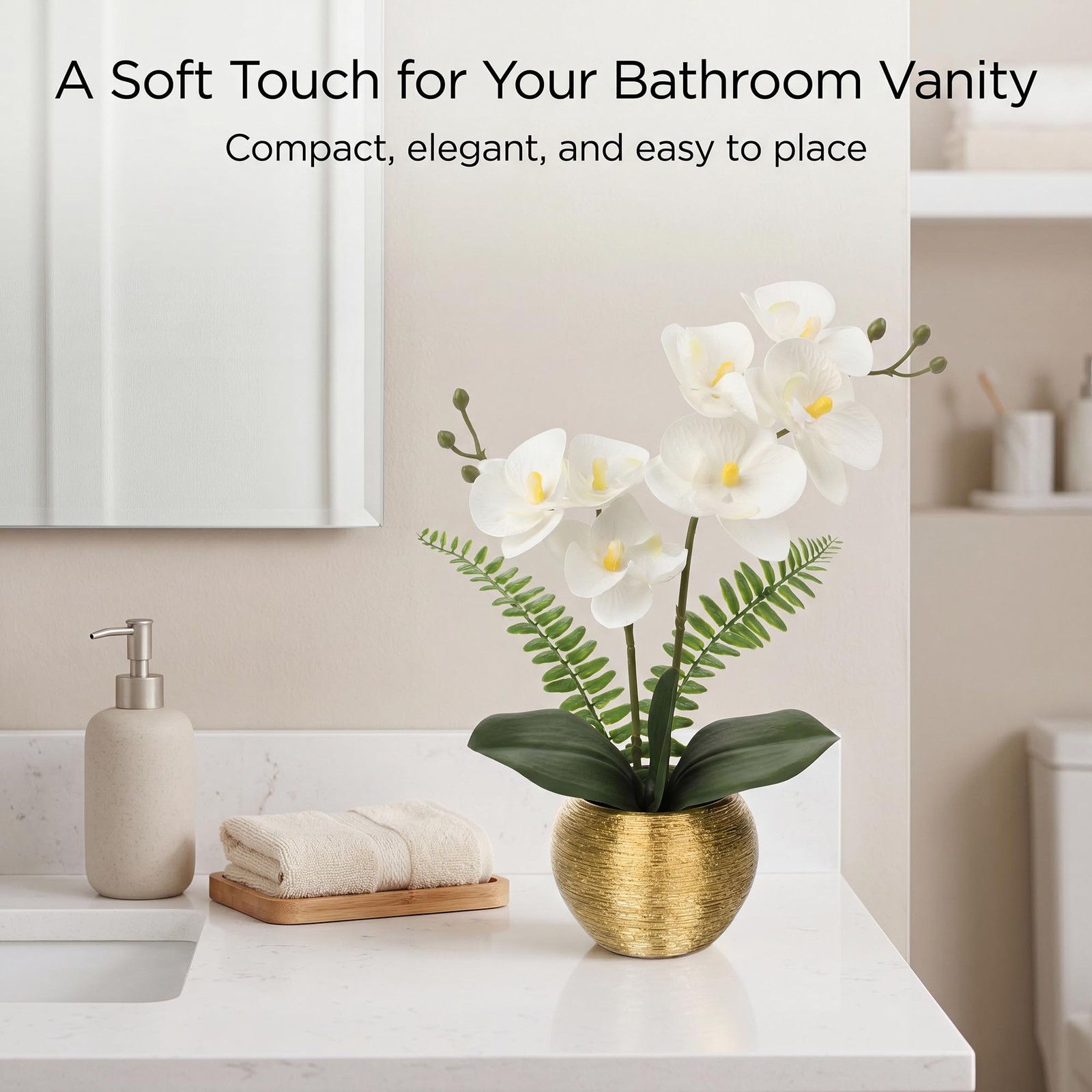 Artificial Orchid Flowers in Gold Ceramic Pot, 13″ Small White Faux Phalaenop…