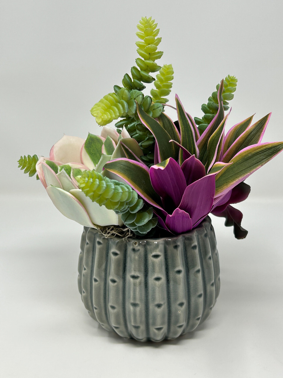 10″ Artificial Purple & White mixed Succulent Garden #11, 5″ Gray Ceramic Plant