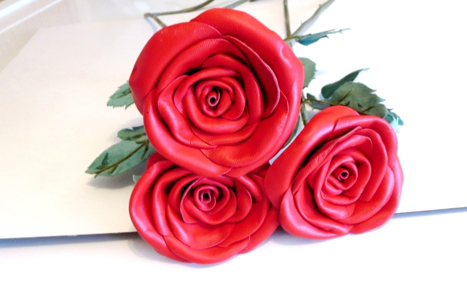 3rd Anniversary Wedding Gift Leather rose bouquet Long Stem white Flowers