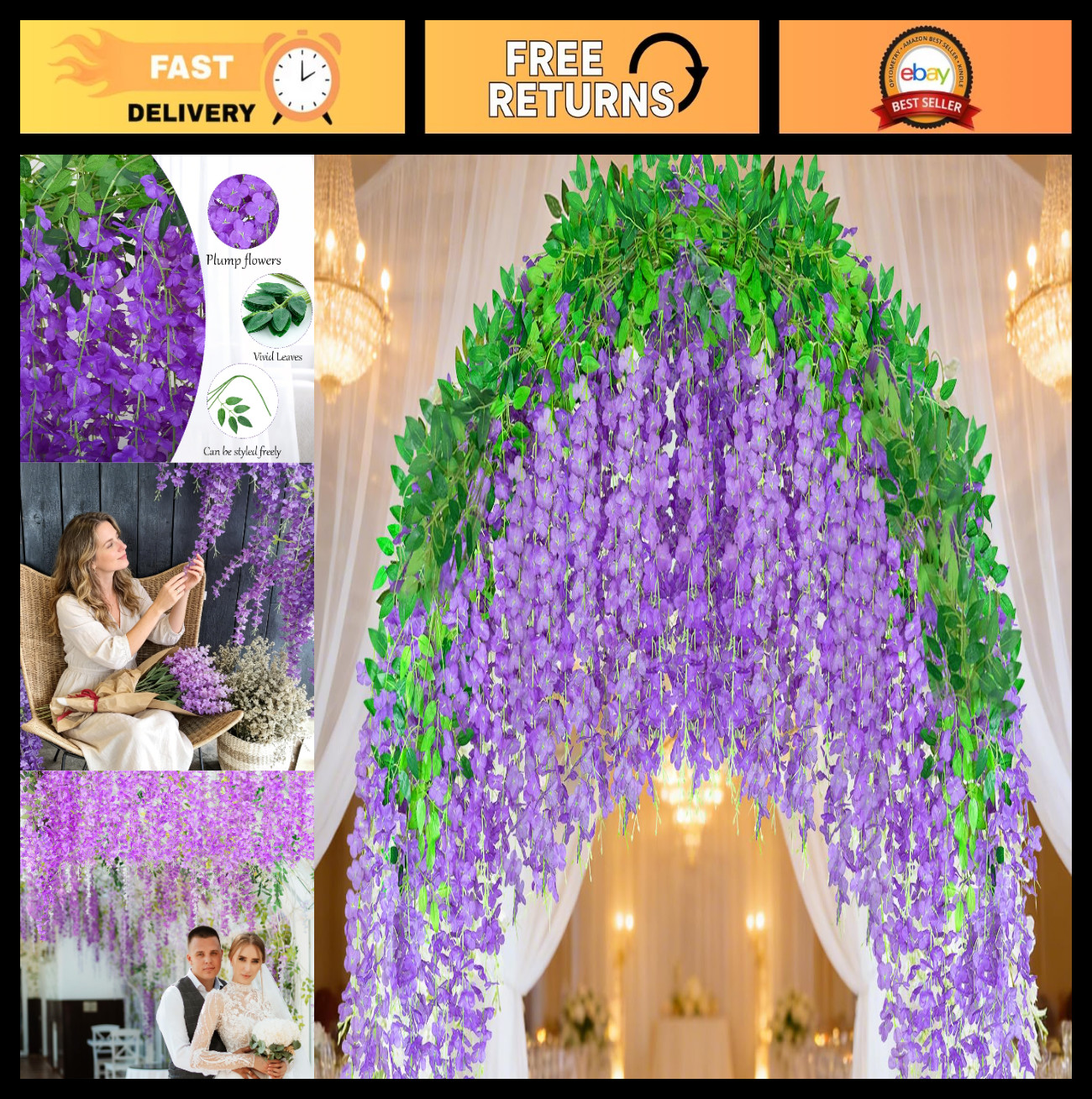 100 Pack Purple Wisteria Garland, Fake Hanging Flowers for Home Decor, 3.6 Ft