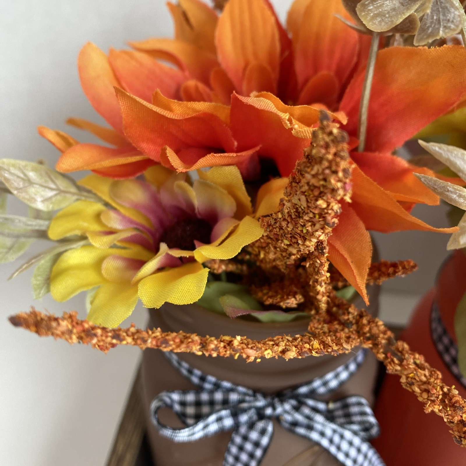 Painted Mason Jars Floral Decor In Tray Light Weight Fall Colors Checked Bows