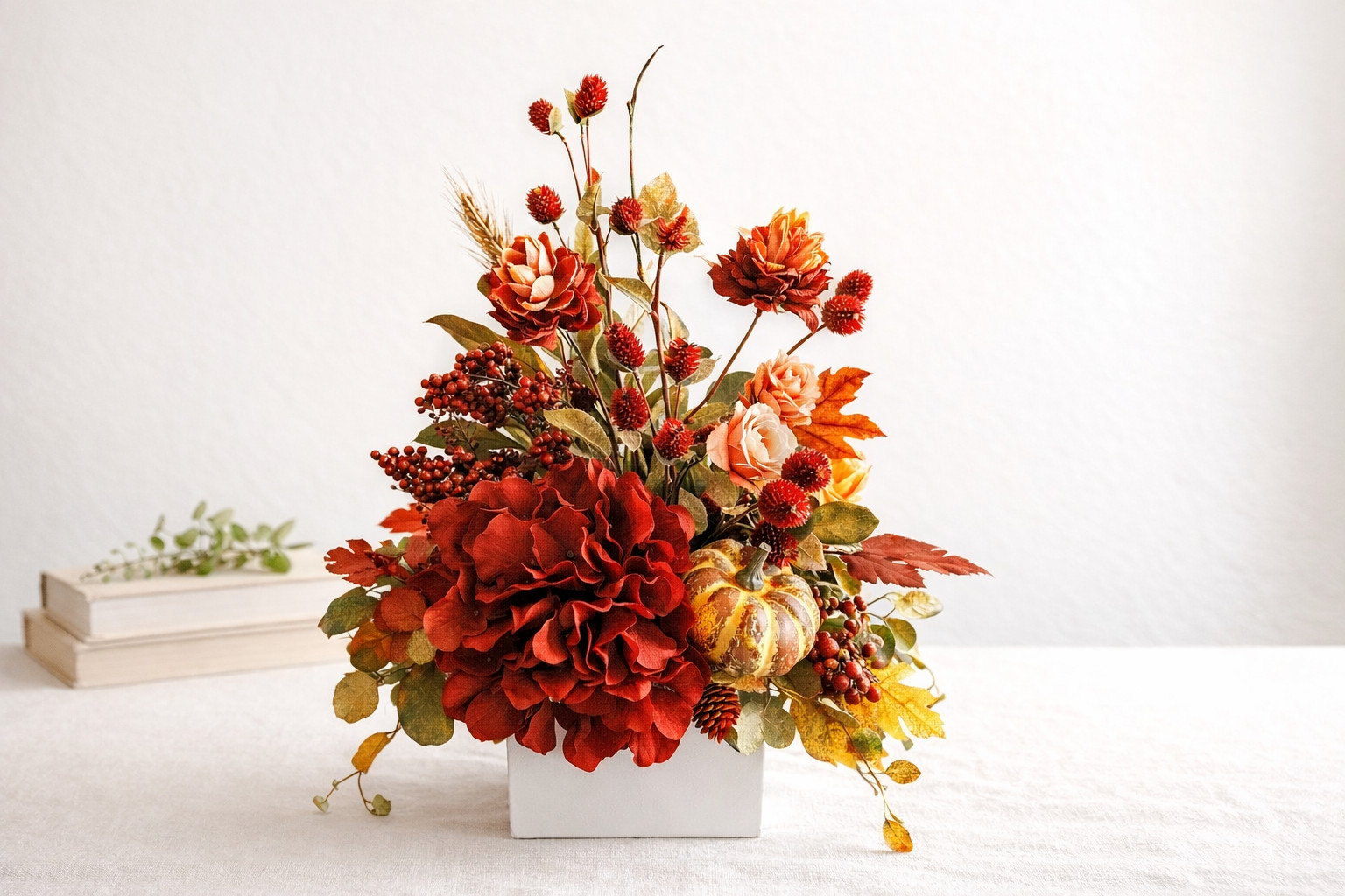 Fall Floral Arrangement, Burgundy Red Hydrangea Pumpkin Decor