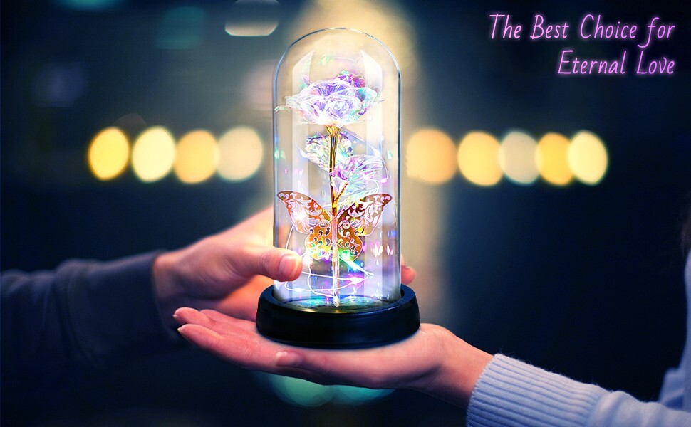 Forever Rose Gift, Enchanted Glass Rose Flower and Butterfly with LED Lights