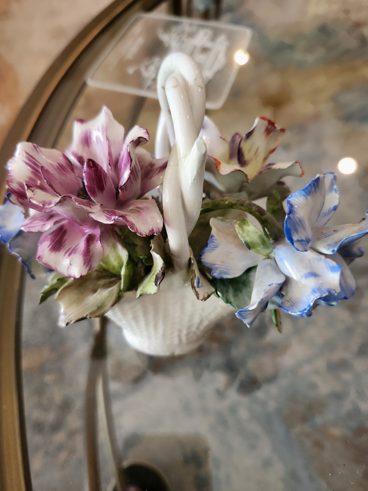 Capodimonte Porcelain Multicolor Floral Basket Arrangement Centerpiece 6 in