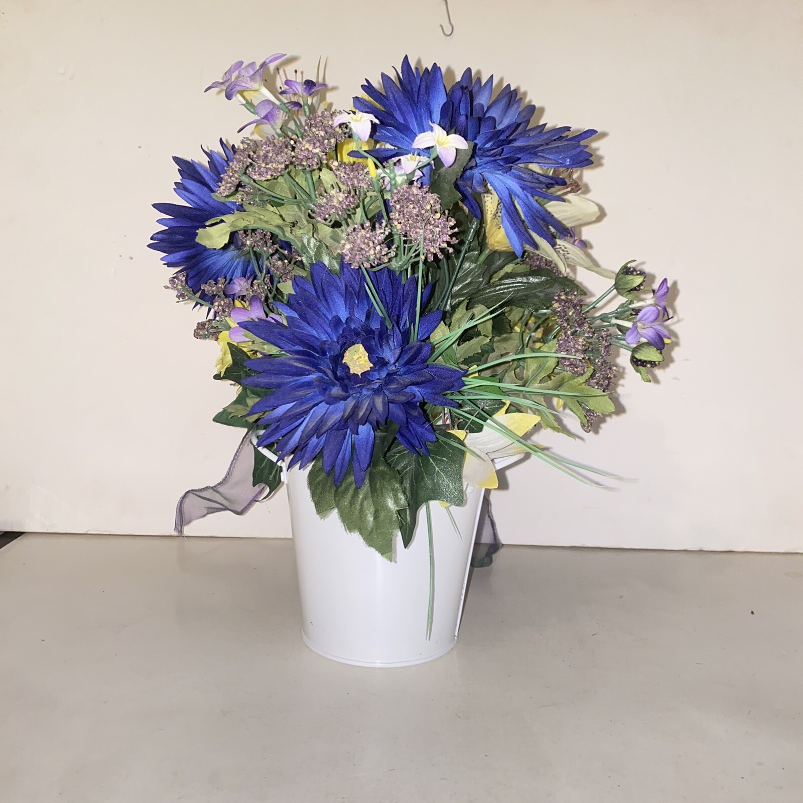 Blue Yellow & Purple Flower Arrangement in Rhinestone Jeweled Tin Planter