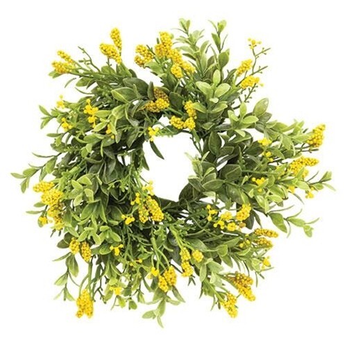 New Cottage Farmhouse Spring GREEN LEAVES YELLOW BERRY CANDLE RING Wreath 3″
