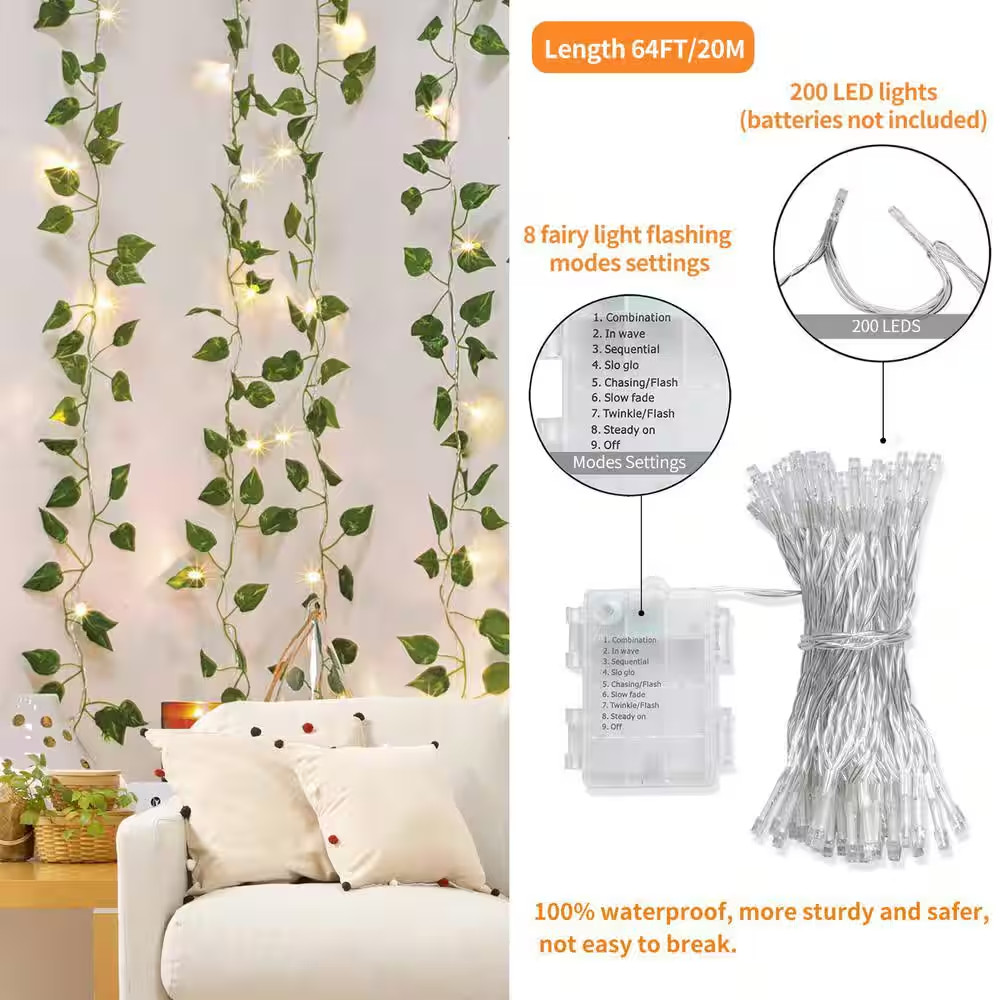 86 .4 In. H Green Fake Ivy Vines, Artificial Ivy Garland with 200 LED String Lig