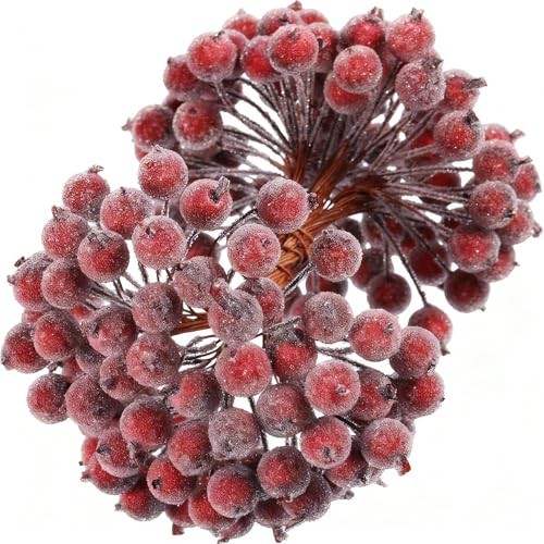 400 Pcs Berries Stems 12 mm Artificial Frosted Holly Berries for Dark Red