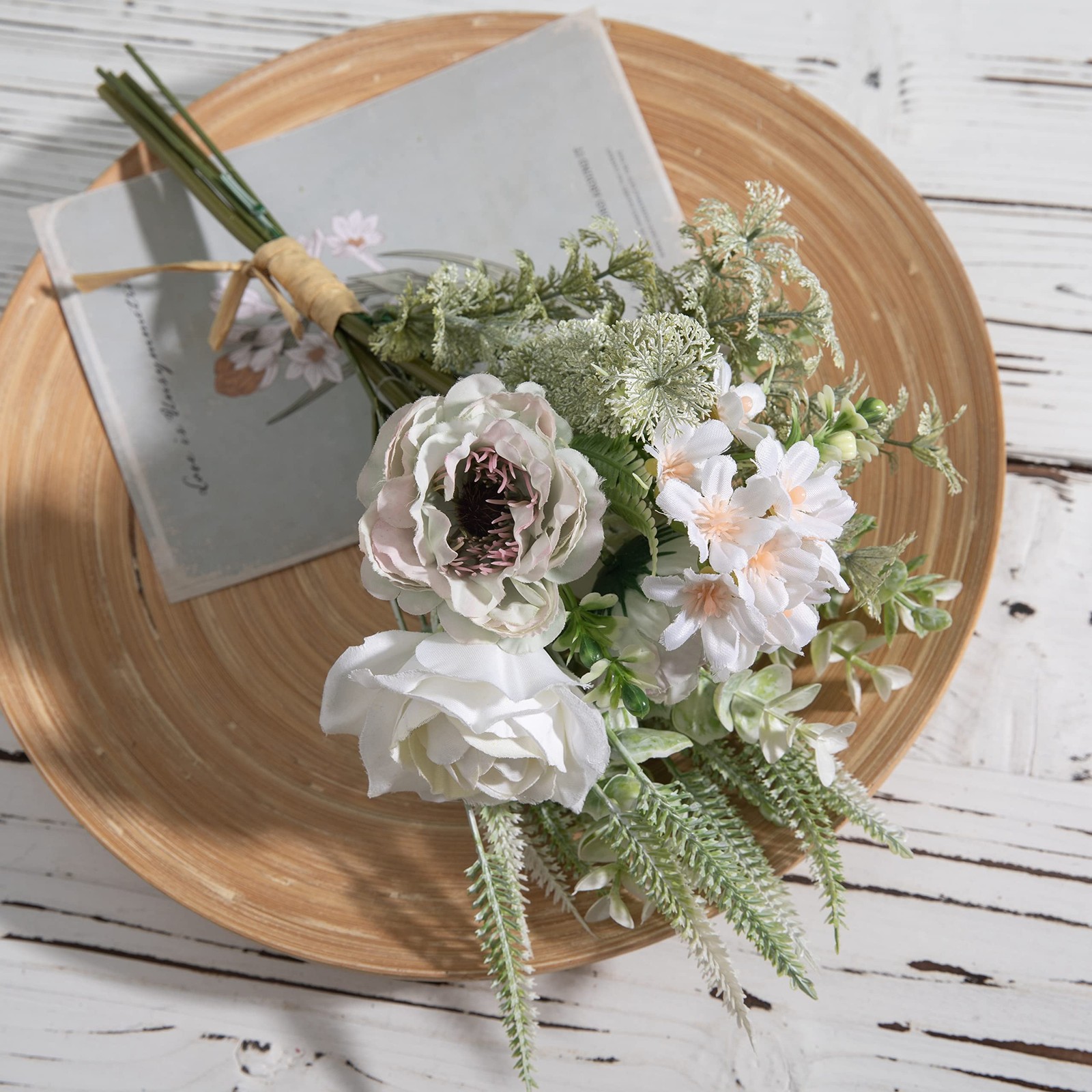 White Green Artificial Flower Bouquet Faux Rose Home Table Centerpiece